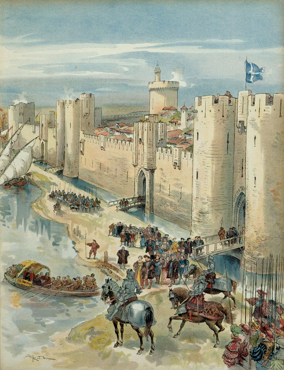 Nyolcadik olasz háború (1536-1538): Aigues Mortes (vagy Aigues Mortes hármasa) interjúja 1538. július 14-én, I. Francois (1494-1547), francia király és V. Károly (1500-1558), spanyol király találkozása és a Szent Római Birodalom császára germán. Illusztrál alkotó: Albert Robida