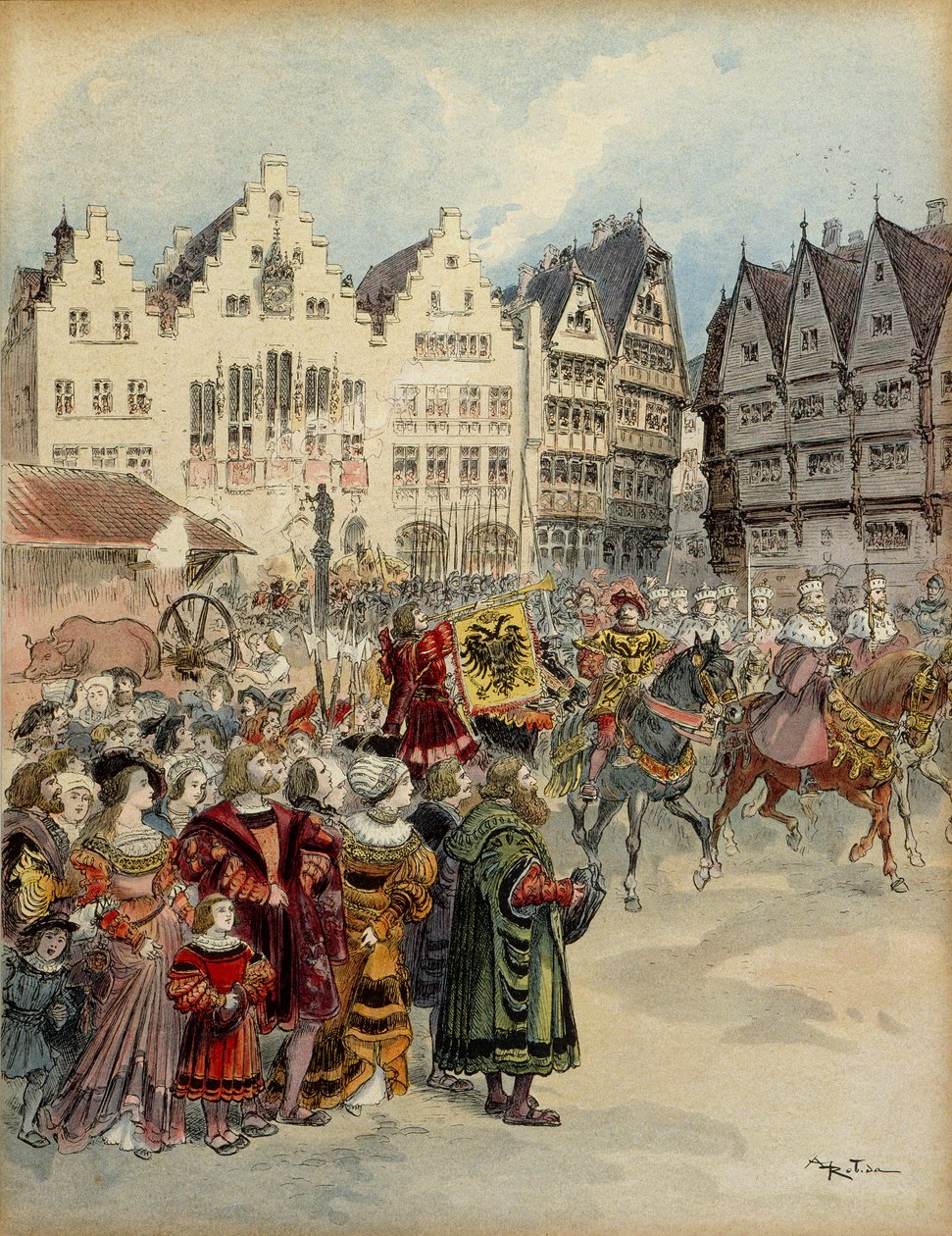 V. Károly (1500-1558) megválasztása Németország császárává 1519. június 28-án. A hét választókortézs Frankfurt (Németország) utcáin fut végig. Ábra alkotó: Albert Robida