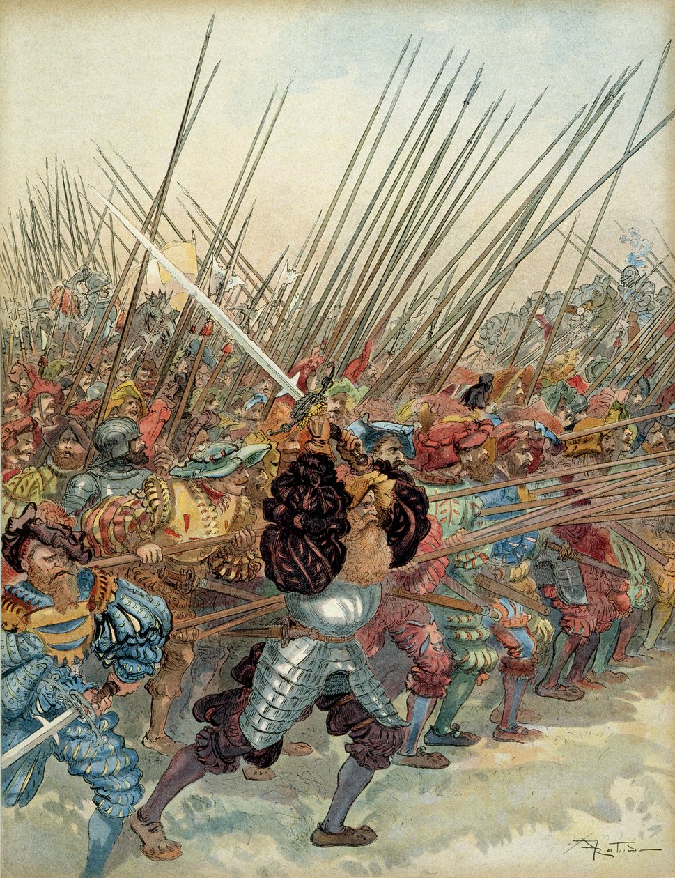 Ötödik olasz háború (1515-1516): Svájci roham I. Francois (1494-1547) és velencei szövetségesei fegyverei ellen Marignanban (Olaszország) alkotó: Albert Robida