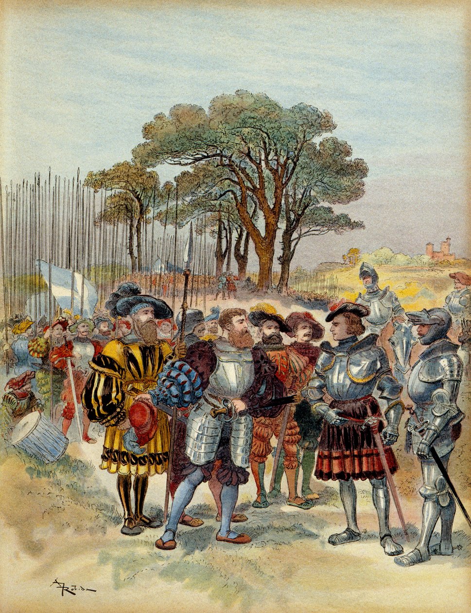 Ötödik olasz háború (1515-1516): a Bicocca-tól (bicoque) visszavonult táborban Milánó (Olaszország) előtt 1516-ban a svájciak fizetést, konge-ot vagy csatát követeltek, Odet de Foix, de Lautrec vikomt, Franciaország marechal (1485-1528) nem tudta fizetni ő alkotó: Albert Robida