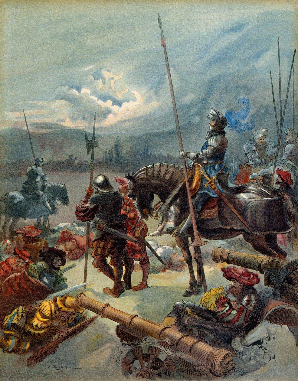 Ötödik olasz háború (1515-1516): Marignan éjszakája (Olaszország), 1515. szeptember 13. és 14. között. Illusztráció alkotó: Albert Robida