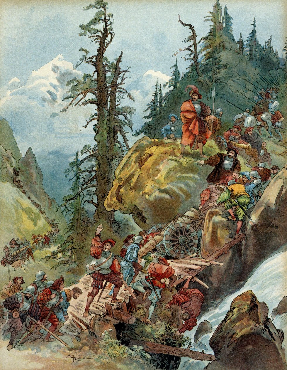 Ötödik olasz háború (1515-1516): I. Francois (1494-1547) serege Olaszországba tartó seregének átkelése az Alpokban 1515 augusztusában a Larche-hágó mellett. Ábra alkotó: Albert Robida