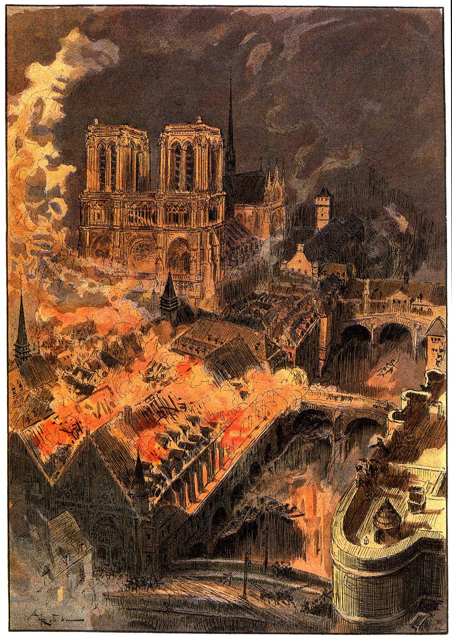 Tűz a párizsi Notre-Dame de Paris közelében lévő Hotel-Dieu szállodában december 29-30-án éjszaka alkotó: Albert Robida