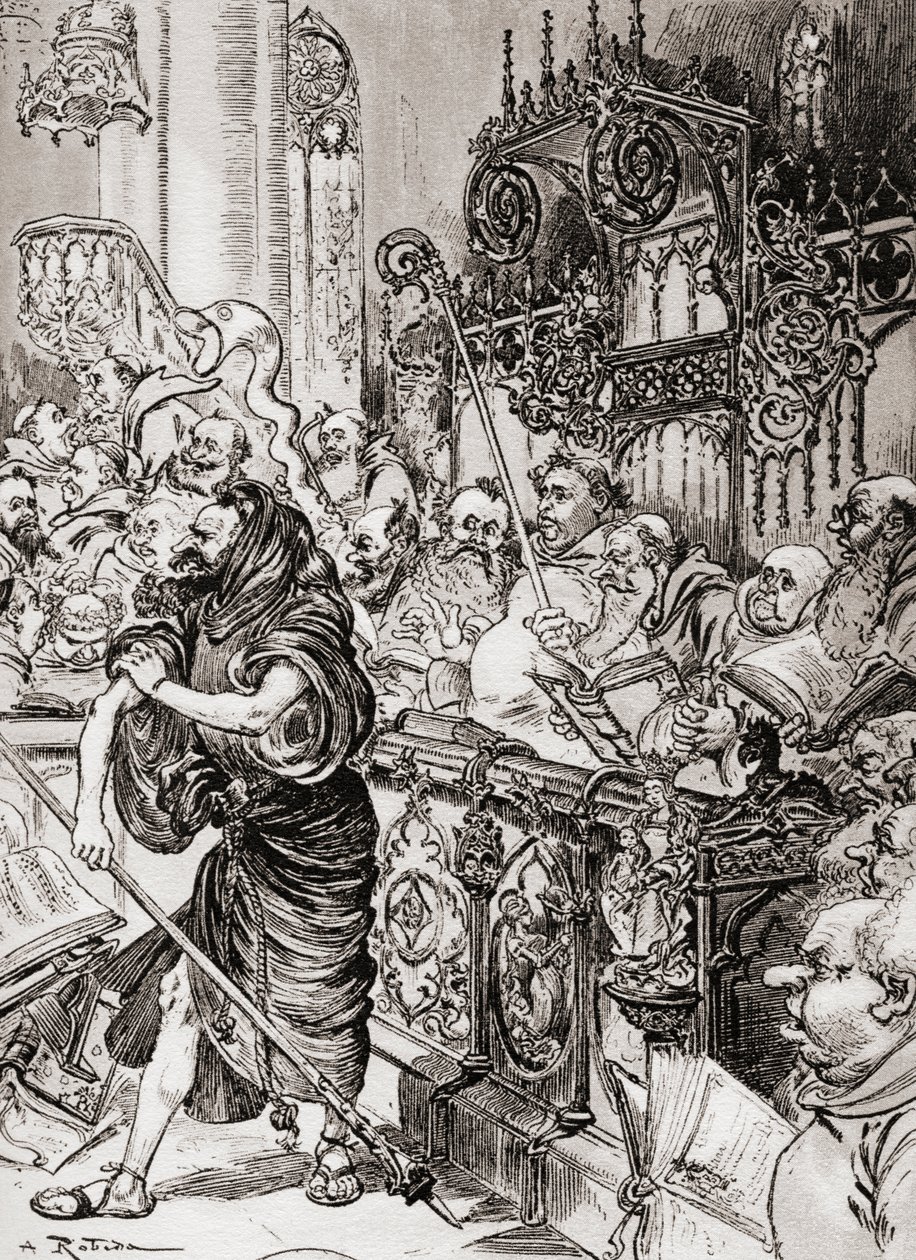 Jean des Entommeures testvér megragadja a kereszt bástyáját, vagy John des Entommeures barát a keresztbotot. alkotó: Albert Robida