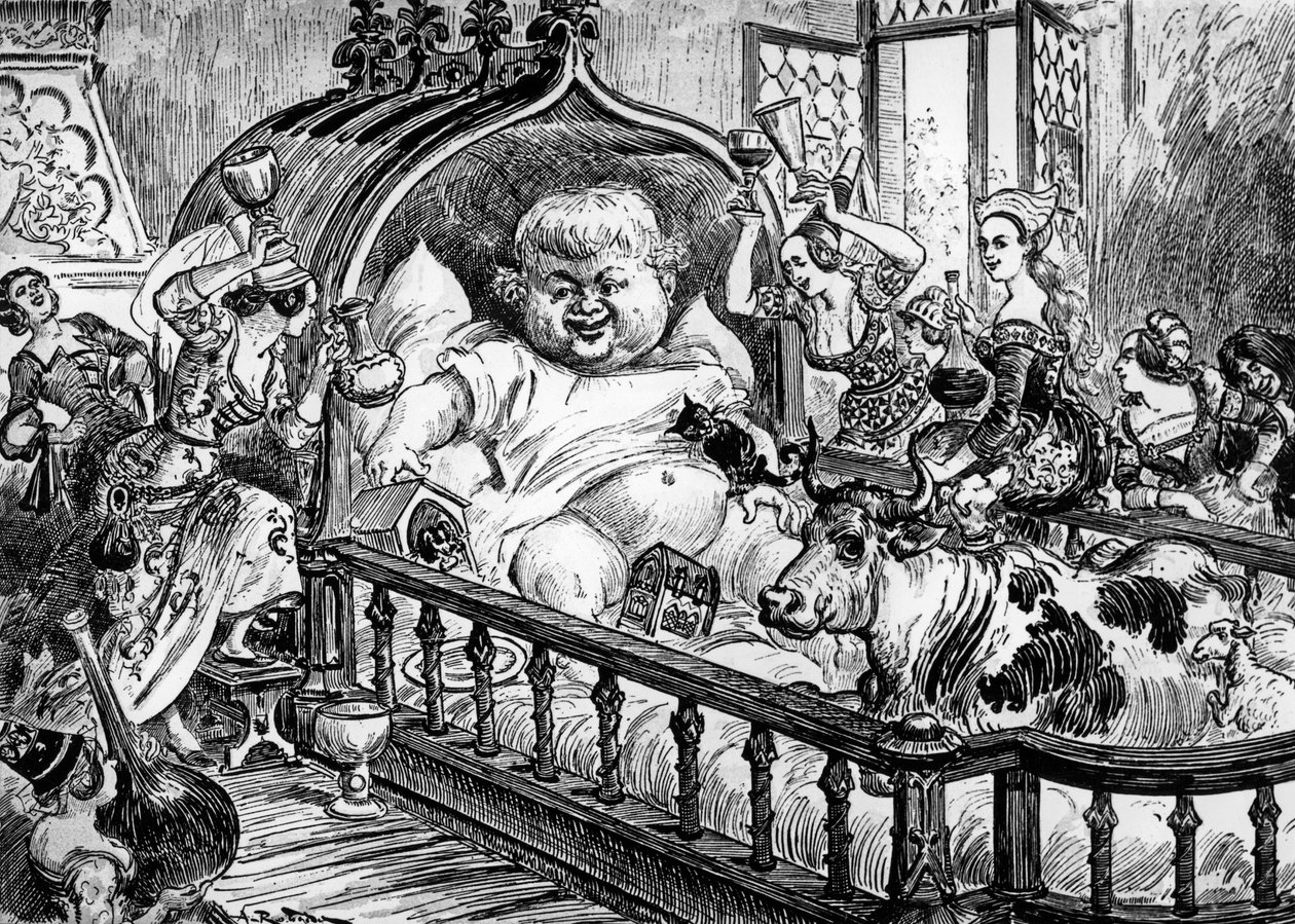 Nagyszerű és felbecsülhetetlen értékű krónikák a nagy és hatalmas óriás Gargantua névtelen munkáról, aki 1532-ben ihlette Francois Rabelais-t a "Pantagruel"-hez, Albert Robida metszet: itt Gargantua csecsemőként alkotó: Albert Robida