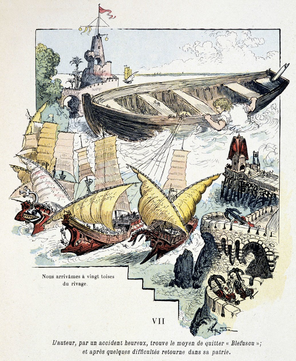 Gulliver és gigantikus hajója a liliputiak kikötőjében – Jonathan Swift (1721) „Voyages de Gulliver” című művében, ill. írta Robida alkotó: Albert Robida