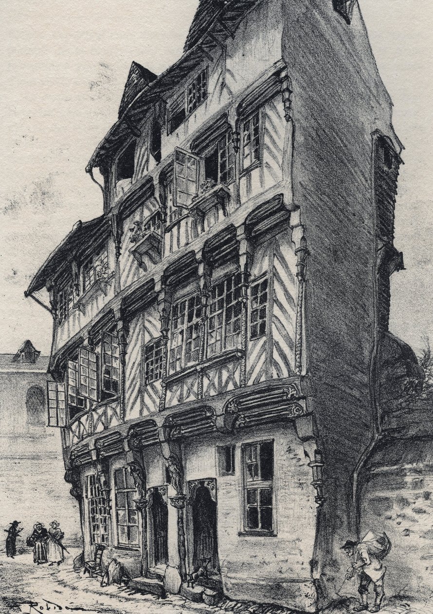 House rue Saint Guillaume Rennes-ben – Ó-Franciaország – Bretagne – Albert Robida (1848-1926) szövegei, rajzai és litográfiái, dátum nélküli 19. század vége alkotó: Albert Robida