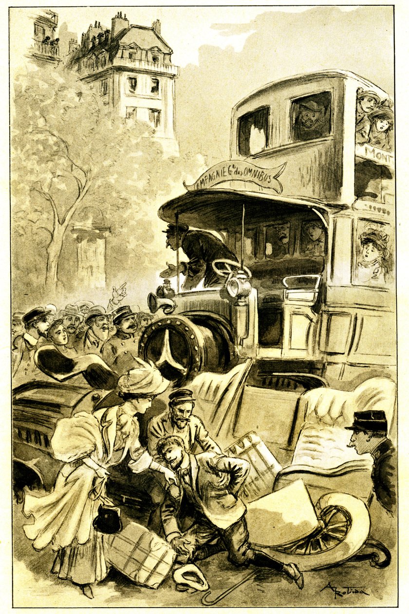Albert Robida (1848-1926) illusztrációja Leon Berthault „Le record du tour du monde” című könyvéhez, Mame debütált 20. század (1911) – közlekedési baleset Párizsban 1900 körül: autót elütött egy omnibusz. A sofőr megsérült - alkotó: Albert Robida