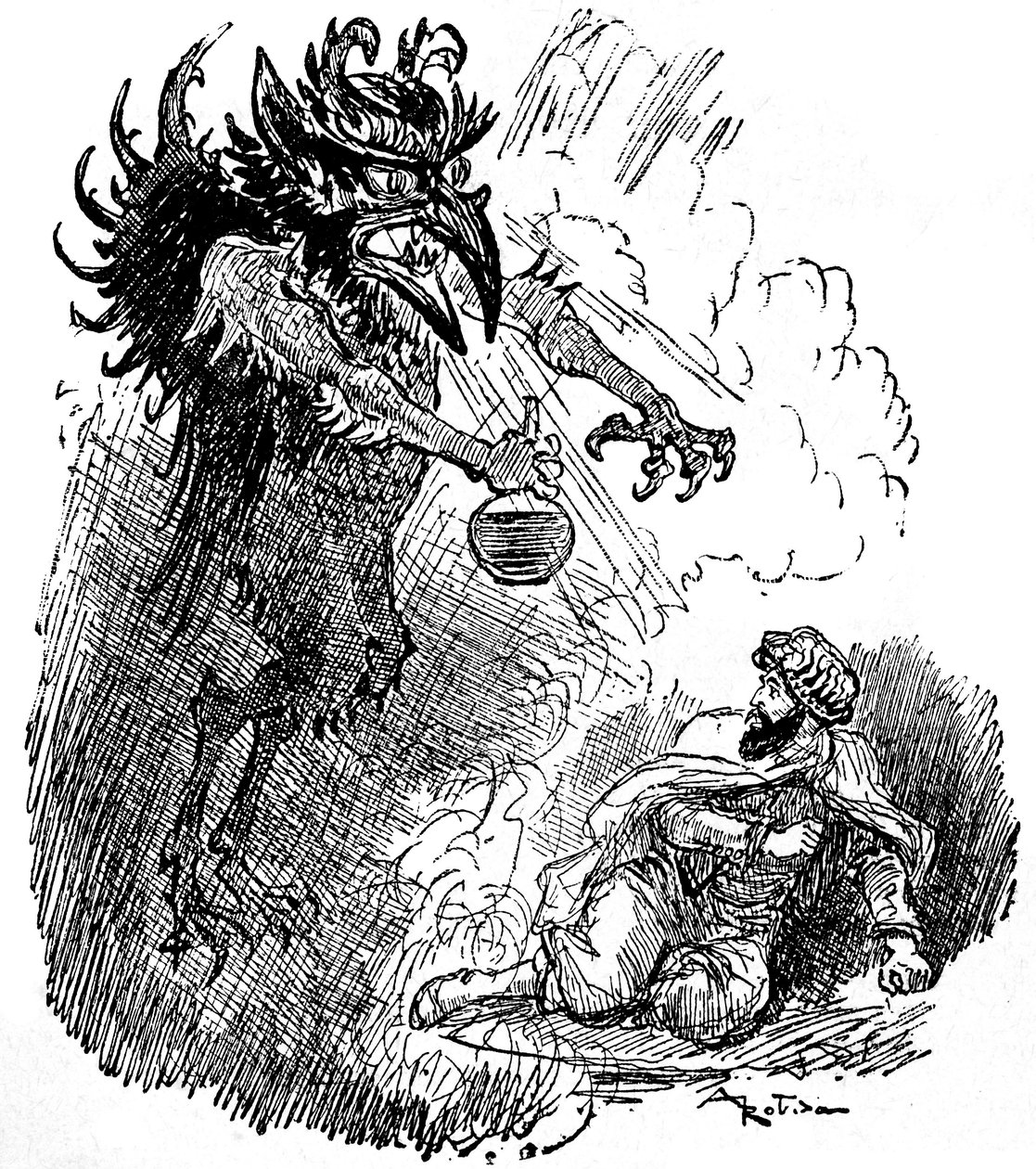 Albert Robida (1848-1926) illusztrációja egy arab legendáról (1001 éjszaka) (Tales of the Thousand and One Night): egy szörnyű démon (gonosz dzsinn) egy üveg borral ajándékoz meg egy férfit. a „Choix de előadások” című könyv metszete Armand Colin 1926. alkotó: Albert Robida