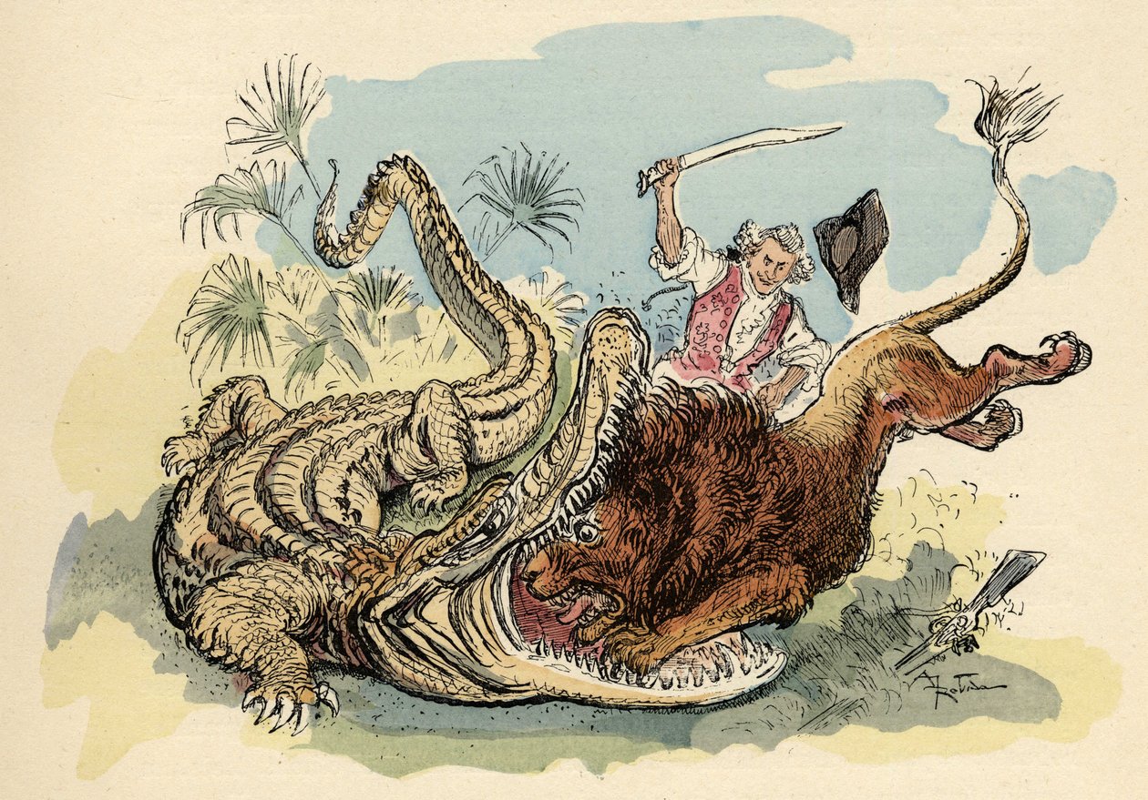 Illusztráció: Albert Robida: „Münchausen báró története és kalandjai” (Munchhausen), H. Laurens, 19. század vége. alkotó: Albert Robida