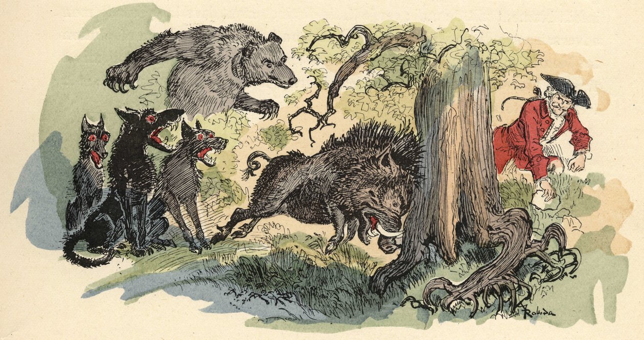 Illusztráció: Albert Robida: „Münchausen báró története és kalandjai” (Munchhausen), H. Laurens, 19. század vége. alkotó: Albert Robida