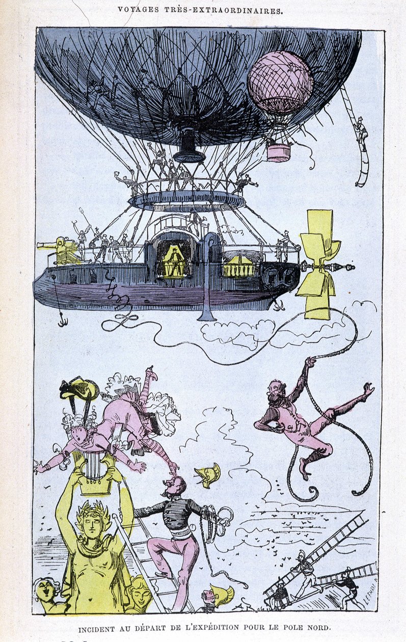 Incidens az expedíció Északi-sarkra indulásakor (aerosztát és szokatlan jelenetek), Jules Verne paródiája, „” Saturnin Farandoul rendkívüli utazásai a világ 5 vagy 6 pontján, és minden olyan országban, amelyet Mr. ismert vagy ismeretlen. Verne Gyula" alkotó: Albert Robida