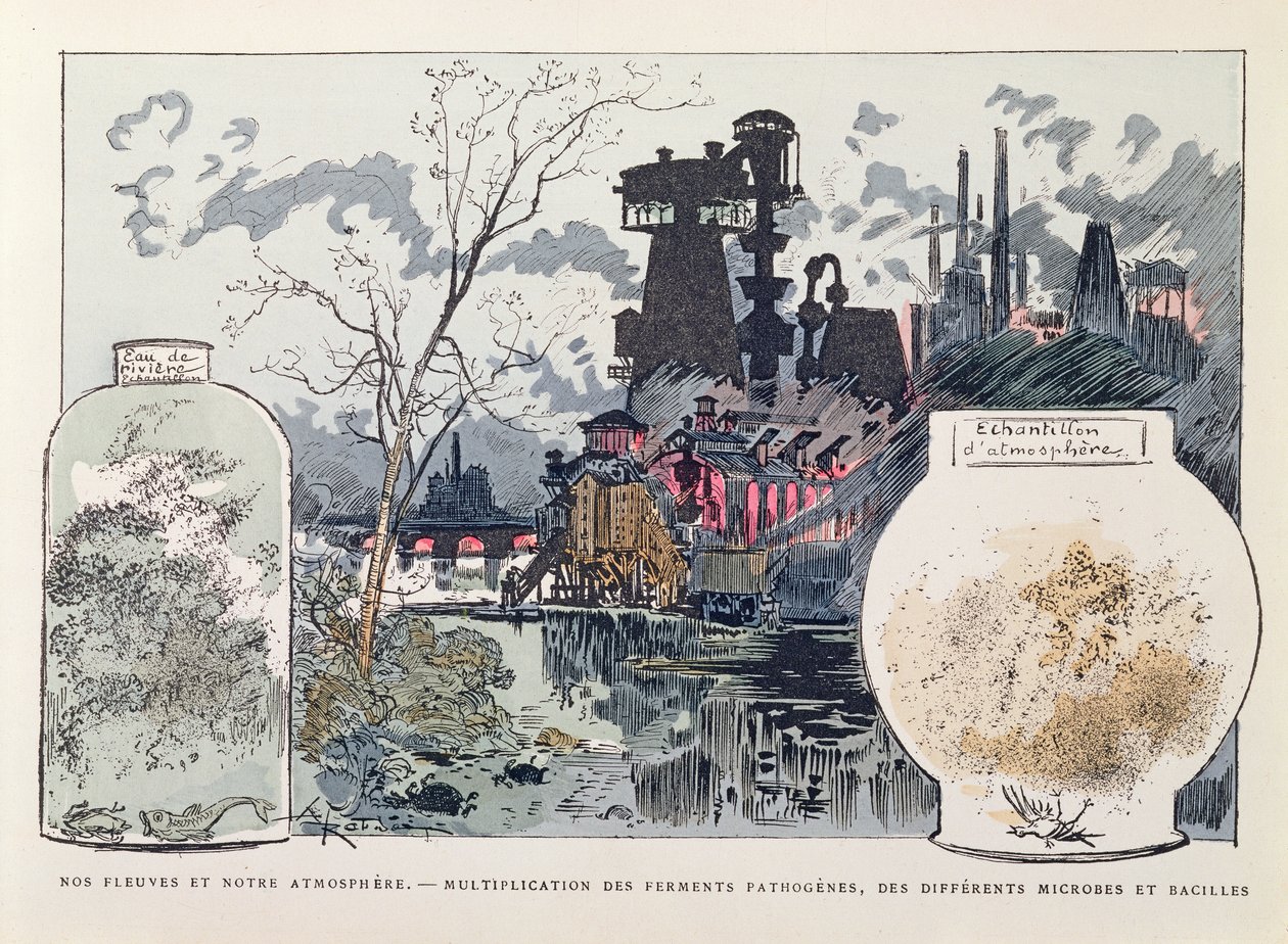 Ipari szennyezés, illusztráció a „Le XXe siecle, La Vie Electrique” c. 1890 (színes metszet) alkotó: Albert Robida