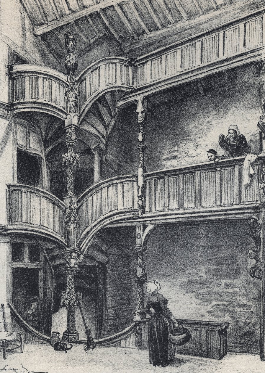 Morlaix-i ház belseje - Ó-Franciaország - Bretagne - szöveg, rajzok és litográfiák, Albert Robida (1848-1926) datálatlan 19. század vége alkotó: Albert Robida