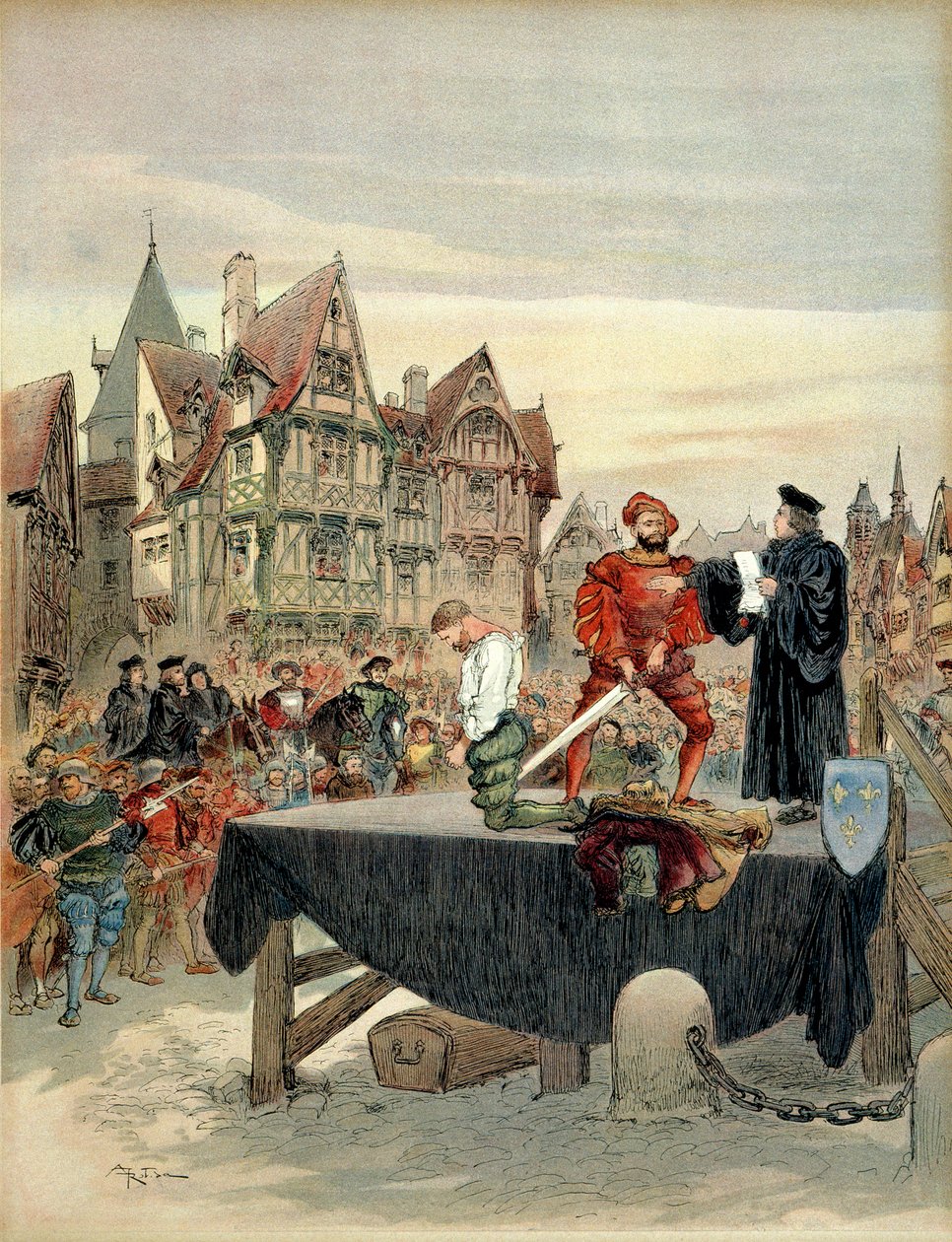 Jean de Poitiers, Saint Vallier seigneur (kb. 1475-1539), Charles de Bourbon őrségének kapitánya (1489-1537) 1524-ben gracie volt az állványon. Illusztráció alkotó: Albert Robida
