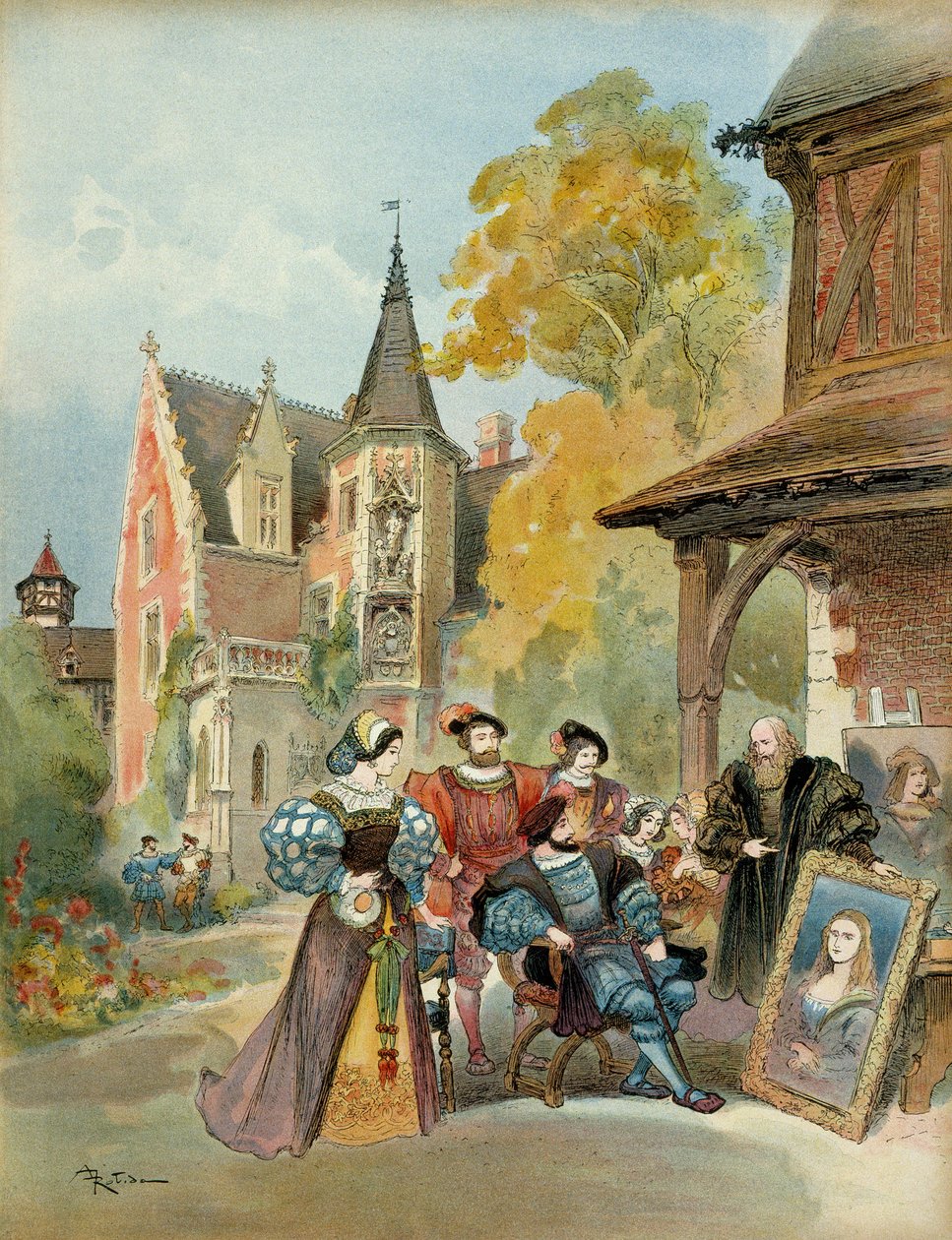I. Ferenc király (1494-1547) megvásárolta a Mona Lisát Leonard de Vincinek (Leonardo da Vinci) (1452-1519), Amboise királyi kastélyának közelében, 1516 és 1519 között. Illusztráció alkotó: Albert Robida