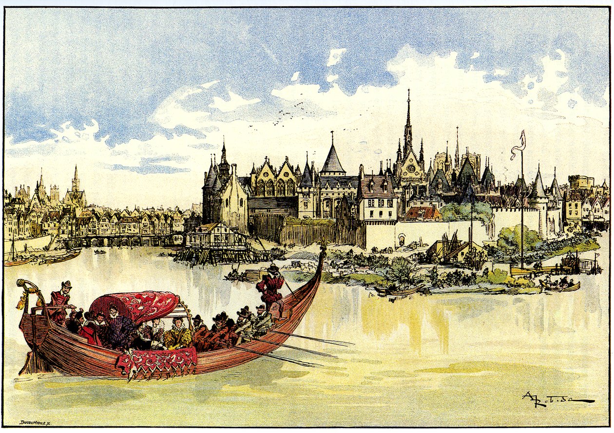 III. Henrik király egy csónakban a Szajna feletti Pont Neuf első kövének elhelyezése Párizsban, május 31. alkotó: Albert Robida
