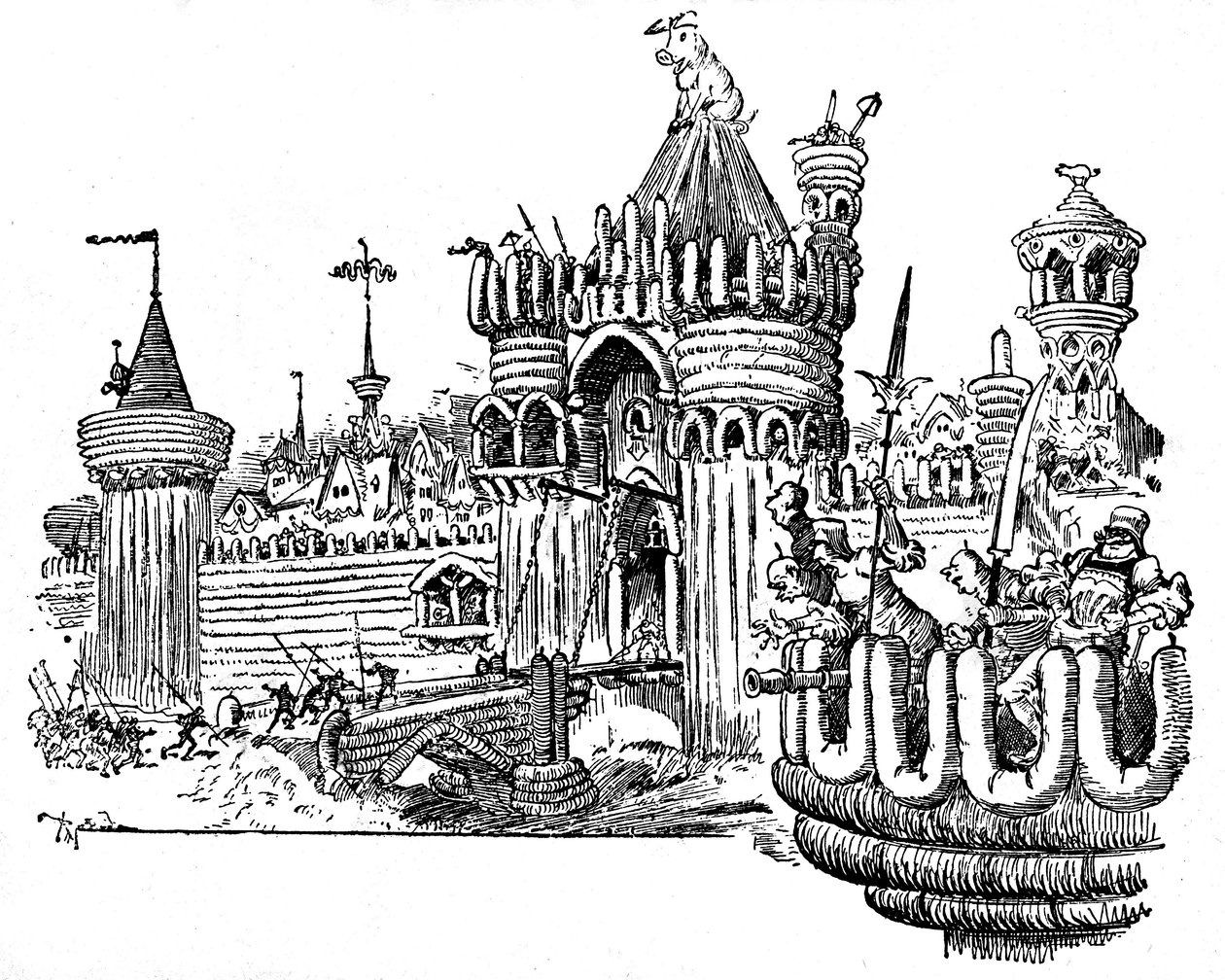 La Cite des Angouiles. A város falai felvágottakból állnak (kolbász, puding), a bejárati kapu tornyának tetején hatalmas disznó ácsorog. Illusztráció: Albert Robida (1848-1926) Francois Rabelais Negyedik Livre című epizódjához - L alkotó: Albert Robida