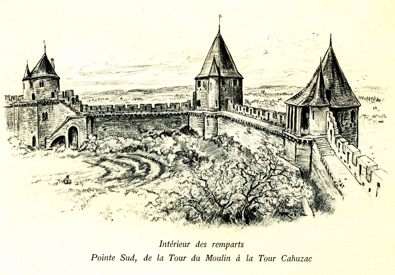 Carcassonne középkori városa (Aude, Languedoc, Cathar Country) - A sáncok belseje, déli csücske, a Moulin-toronytól a Cahuzac-toronyig - a szabadtéri színház helye - Albert Robida (1848-1926) romantikus metszete egy a begiben megjelent könyv alkotó: Albert Robida