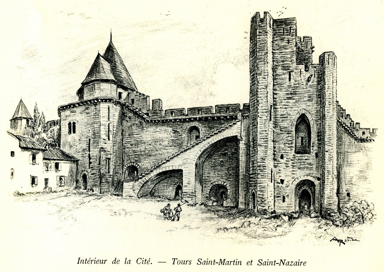 Középkori Cite de Carcassonne (Aude, Languedoc, Pays Cathare) - Tours Saint Martin (Saint Martin) és Saint Nazaire (Saint Nazaire) a sáncokra épült házakkal - Albert Robida (1848-1926) romantikus metszete a kezdőben alkotó: Albert Robida