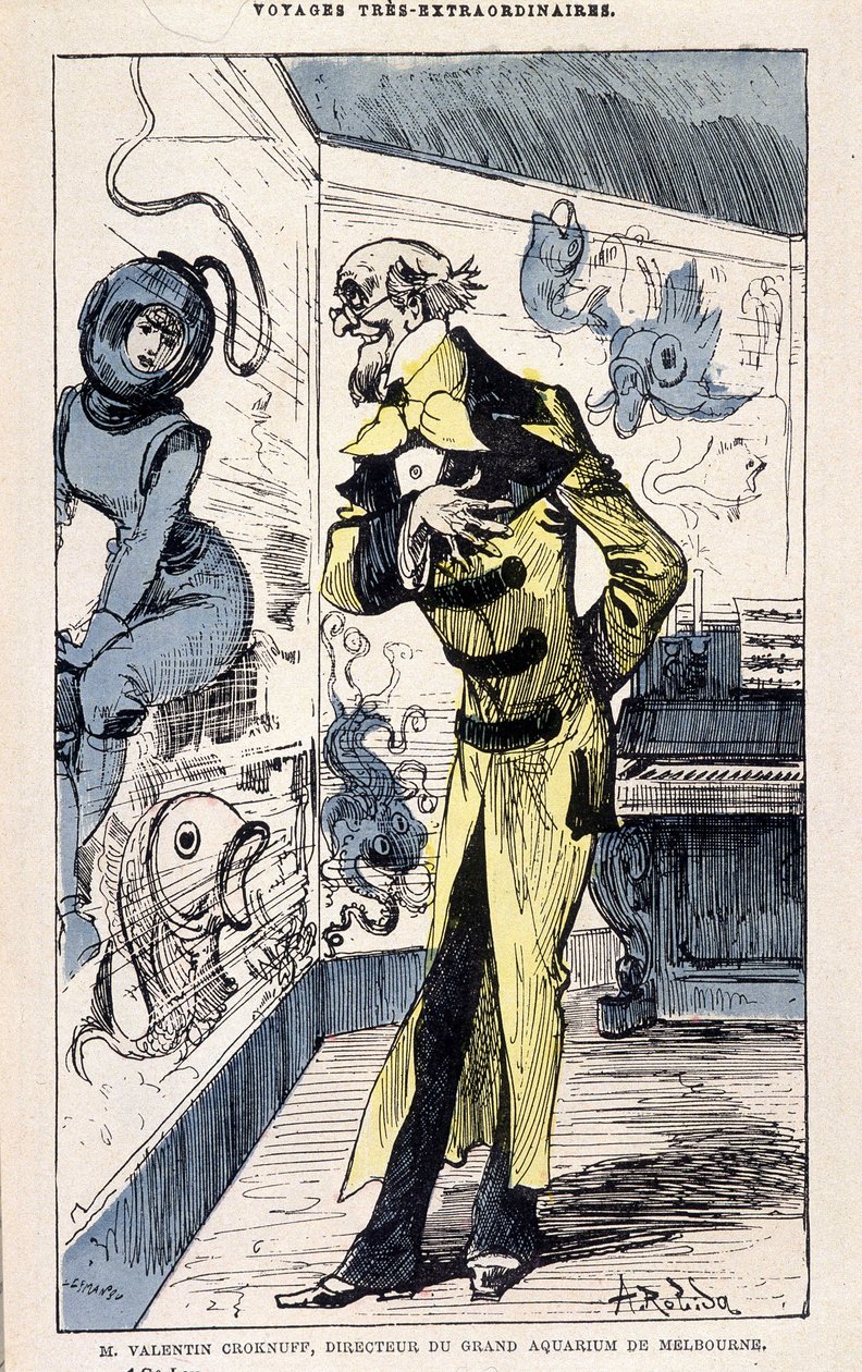Valentin Croknuff úr, a nagy melbourne-i akvárium igazgatója, Jules Verne paródiája, „Saturnin Farandoul rendkívüli utazásai a világ 5 vagy 6 részére és minden olyan országba, amelyet Jules Verne úr ismert vagy ismeretlen” Robida, Párizs alkotó: Albert Robida
