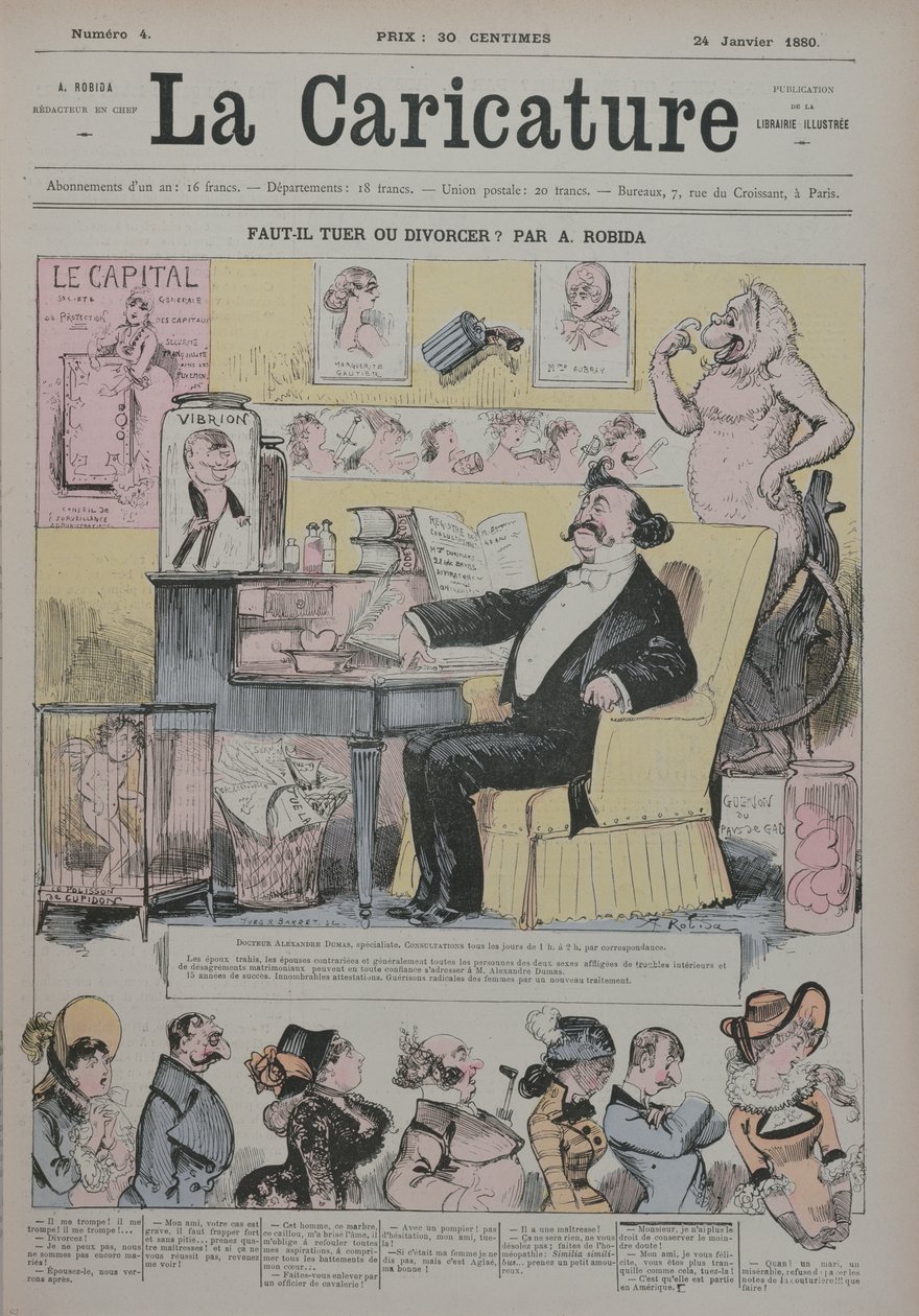 Gyilkosság vagy válás, a „La Caricature” borítója, amely Alexandre Dumas Filst (1824-95) a házassági drámák „szakértőjeként” ábrázolja, 1880. január 1. alkotó: Albert Robida