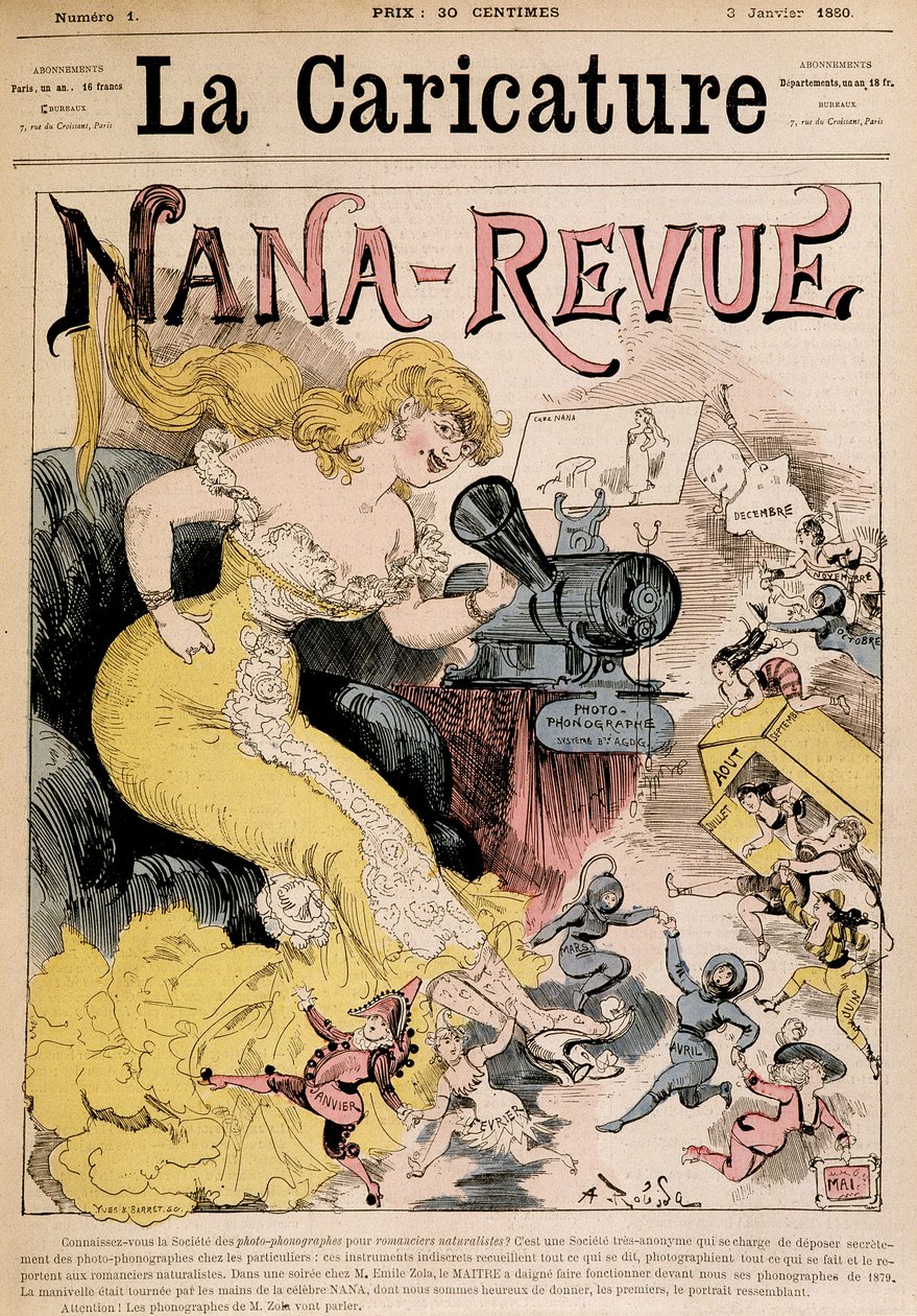 Nana-Revue: rajzfilm Zoláról és Robida „Nana” című művéről - a „La Caricature”-ben, 1880.03.01. alkotó: Albert Robida