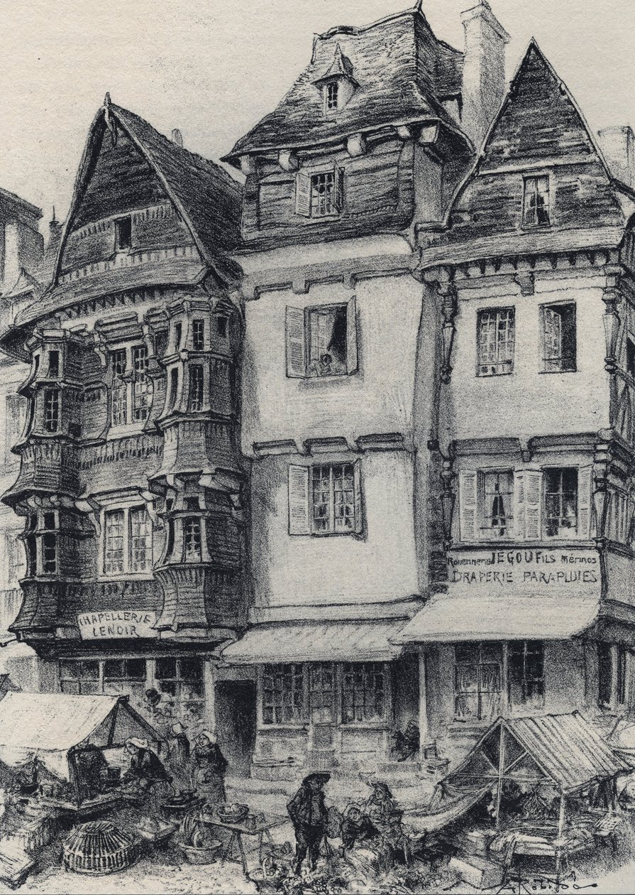 Place du marche Lannionban - Ó-Franciaország - Bretagne - szövegek, rajzok és litográfiák, Albert Robida (1848-1926) datálatlan 19. század vége alkotó: Albert Robida