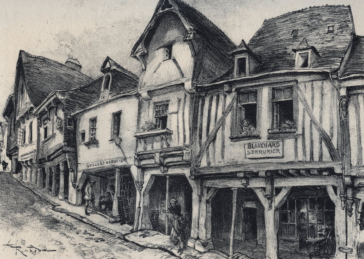 Rue Poterie a Fougeres Ille-et-Vilaine megyében - La vieille Franciaország - La Bretagne - szöveg, rajzok és litográfiák, Albert Robida (1848-1926) alkotó: Albert Robida