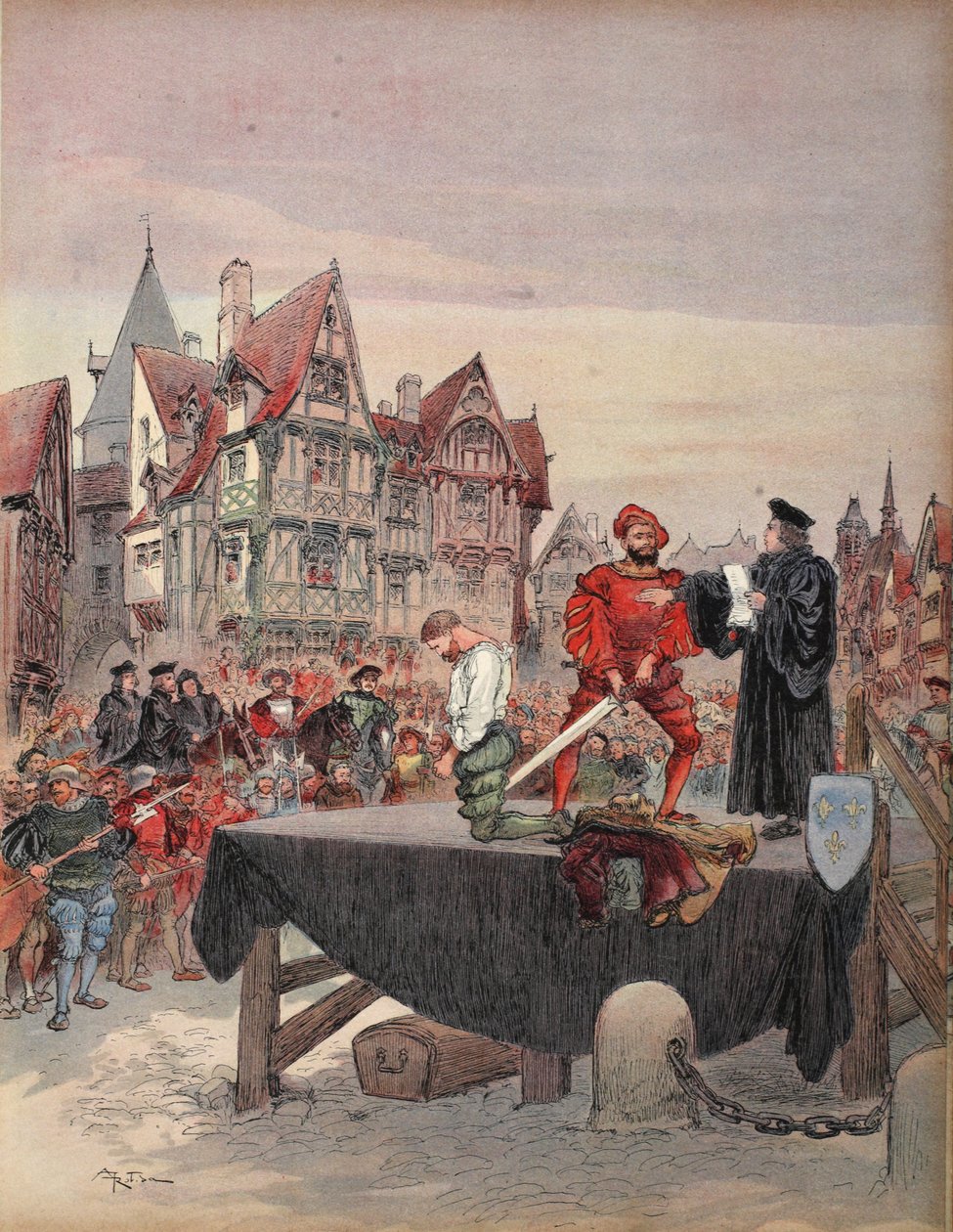 Saint Vallier megkegyelmezett a bitófán, illusztráció a "Francois Ier: Le Roi Chevalier, George G. Toudouze, kiad. 1909 alkotó: Albert Robida