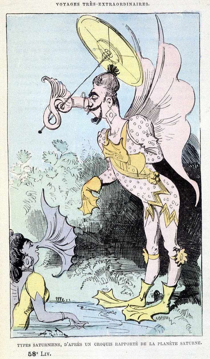 Szaturnusz-típusok a Szaturnusz bolygóról közölt vázlatból (pszeudoantropológiai groteszk szörnyek), Jules Verne paródiája, „” Saturnin Farandoul rendkívüli utazásai a világ 5 vagy 6 részén és az összes M által ismert vagy ismeretlen országban. alkotó: Albert Robida
