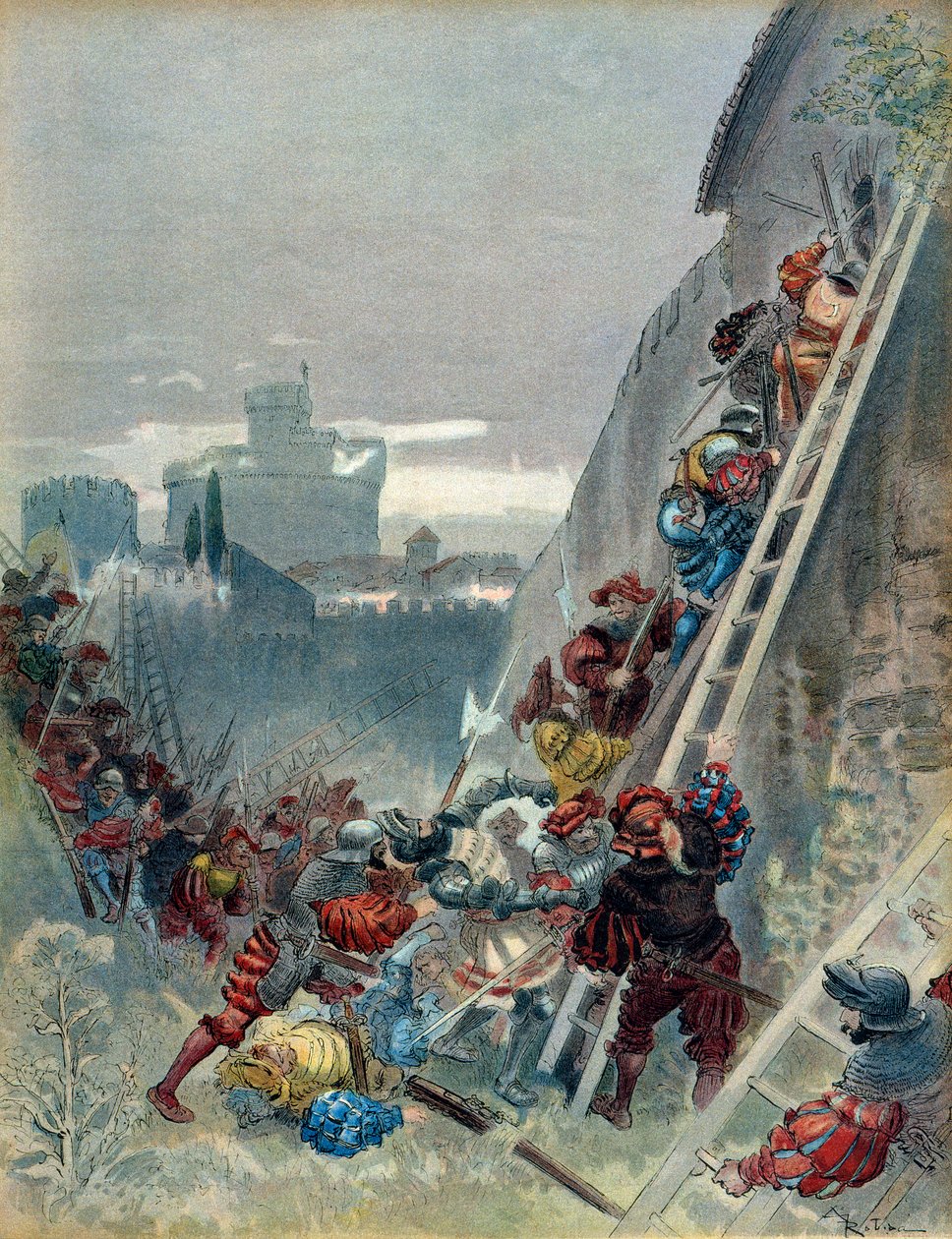 Hetedik olasz háború (1526-1529): III. Bourbon Károly (1490-1527) halála Róma ostrománál, 1527. május 6-án. Illusztráció alkotó: Albert Robida