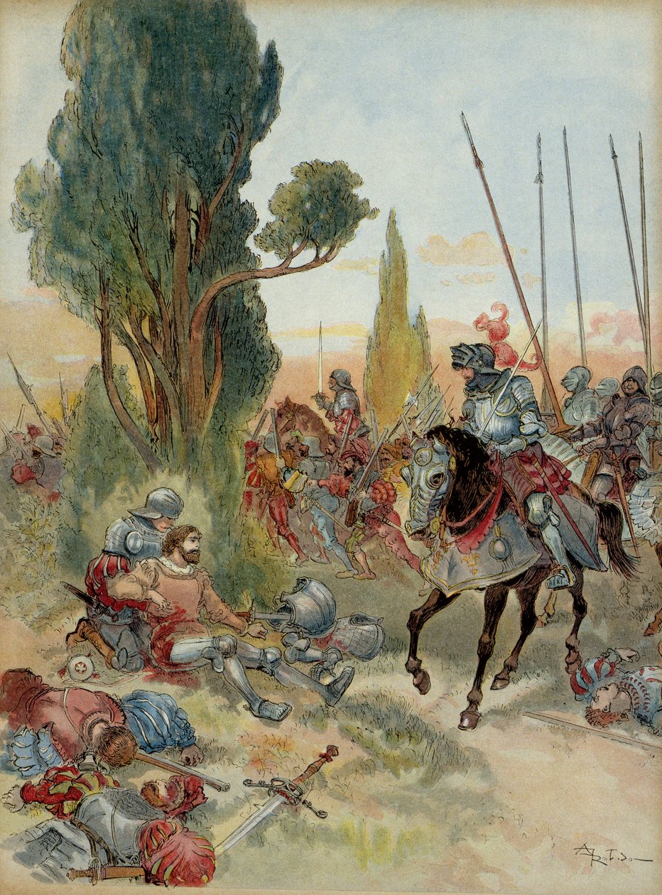 Hatodik olasz háború (1521-1526): Pierre Terrail de Bayard (1476-1524) halála, aki egy arquebus-csapás következtében megsebesült Rebecnél (Olaszország), 1524-ben Charles de Montpensier, Bourbonból (1490-1527) állt vele szemben. . Ábra alkotó: Albert Robida