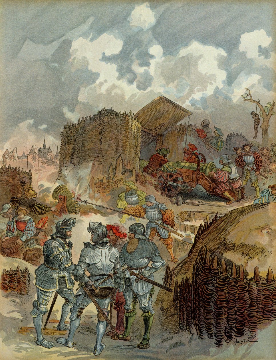 Hatodik olasz háború (1521-1526): Pierre Terrail de Bayard (1476-1524) a mezieresi főhadiszálláson 1521-ben. Illusztráció alkotó: Albert Robida