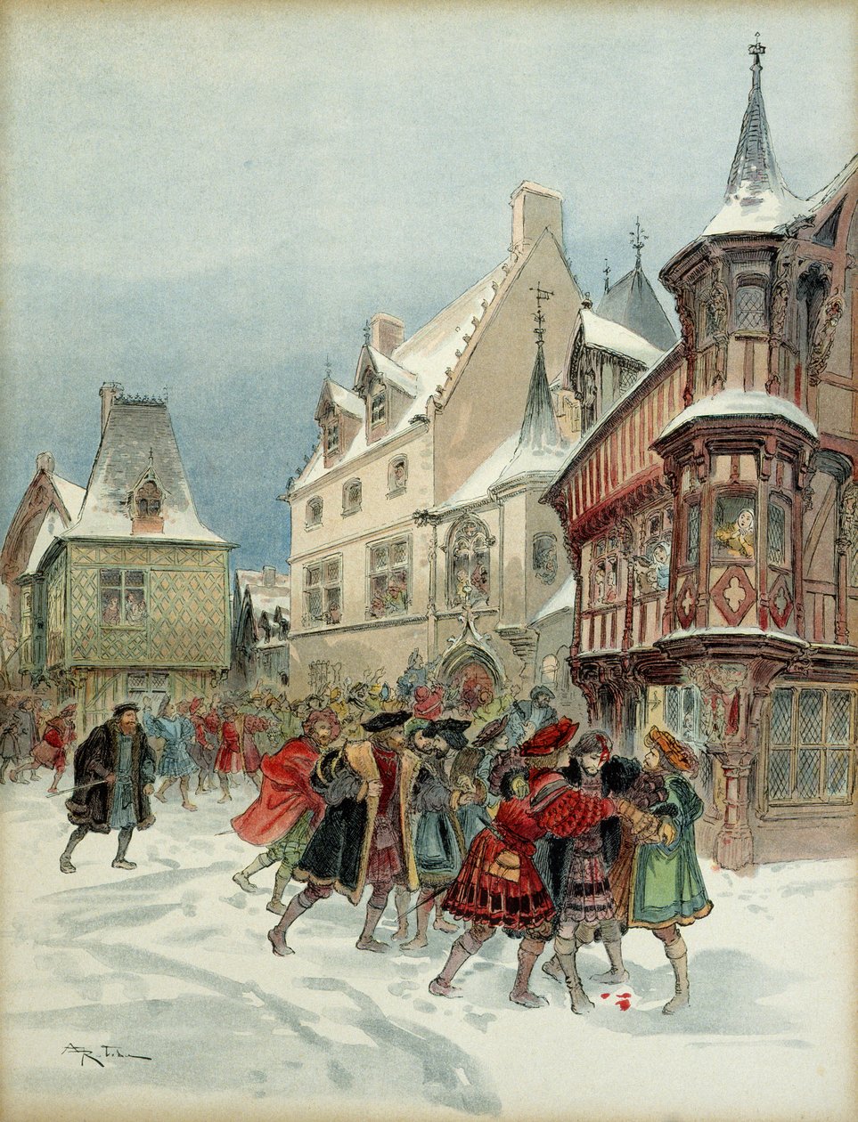 Hógolyócsata Romorantinban (Franciaország). I. Ferenc király (1494-1547) megsebesítette a Saint Pol rezidenciája elleni támadást január 6-án. alkotó: Albert Robida