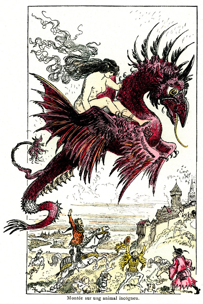 Succubus: női démon (nő - nő) sárkányon lovagolva - Albert Robida illusztrációja Honore de Balzac Drolatic Tales című könyvéhez - XX. század eleje alkotó: Albert Robida