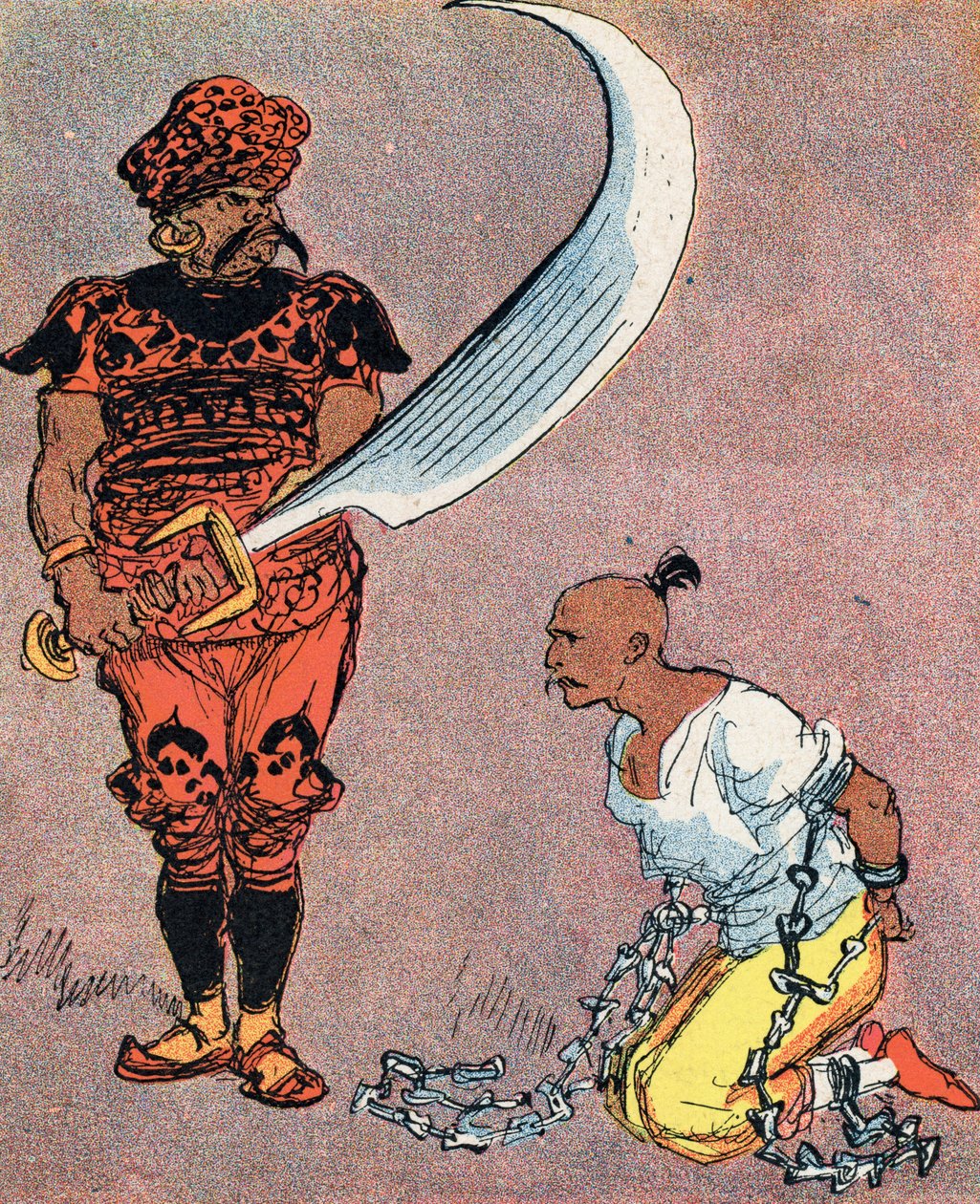 A szultán megparancsolja, hogy vágják le Aladdin fejét Albert Robida (1848-1926) illusztrációja az „Aladin és a csodálatos lámpa” című meséhez a „” les mille et une nuits” című könyvben (illusztráció az „Aladdin” című meséhez a „The Book of Ezeregy éjszaka alkotó: Albert Robida
