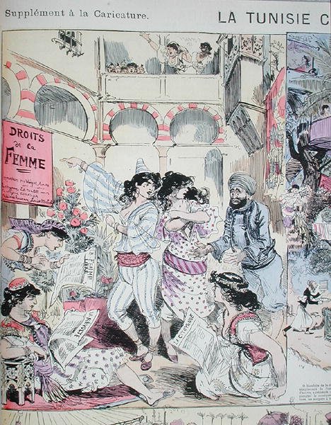 "A nők jogai" Tunéziában, karikatúra a "Le Caricature"-ból 1883 (színes litográfia) alkotó: Albert Robida