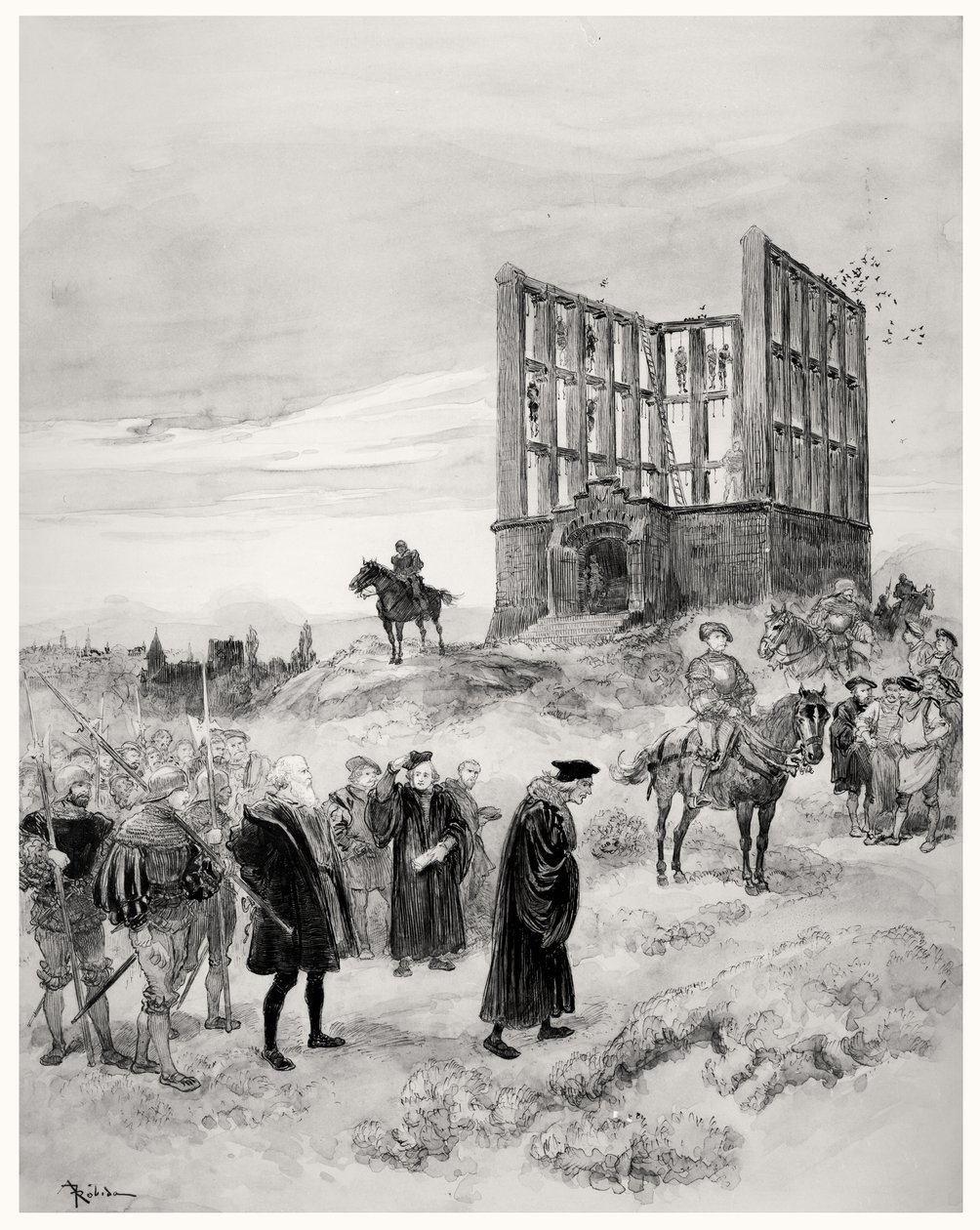 Jacques de Semblancay felügyelőt (kb. 1445-1527) halálra ítélték, felment a Montfaucon Gibbetbe, 1909 (papíron wc) alkotó: Albert Robida