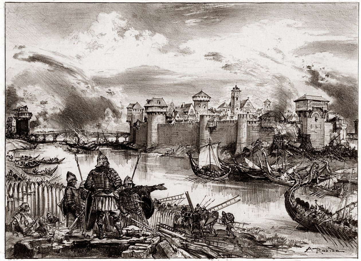A vikingek, normann kalózok, akiket Siegfried vezérük vezet, ostromolják Párizst (metszet). alkotó: Albert Robida
