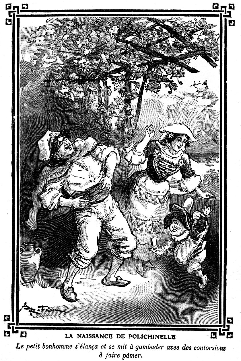 Polichinelle születése. Albert Robida (1848-1926) rajza egy gyermekolvasókönyvben 1920-1930. alkotó: Albert Robida