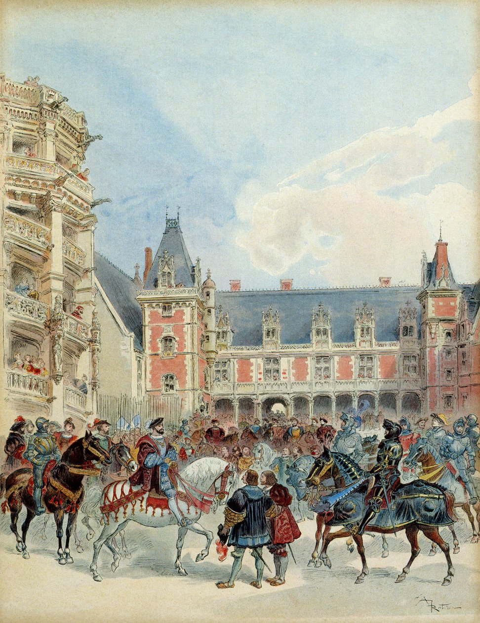 I. Ferenc (1494-1547) udvara Blois királyi kastélyában, 1524 előtt. Illusztráció alkotó: Albert Robida