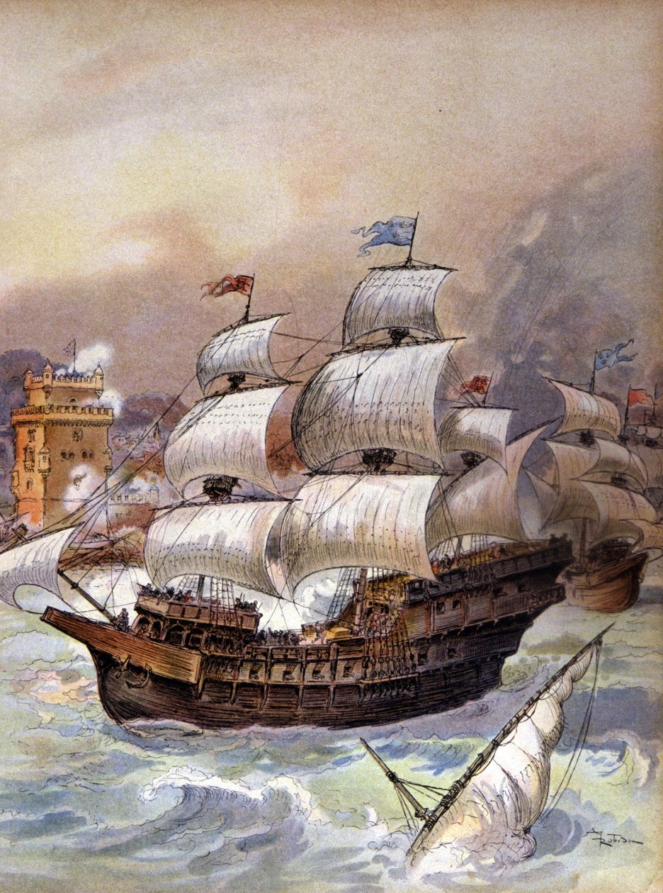 Jean Ango flottája elzárja a Tejo folyót, és fenyegeti Lisszabont, 1909 körül (illusztráció) alkotó: Albert Robida