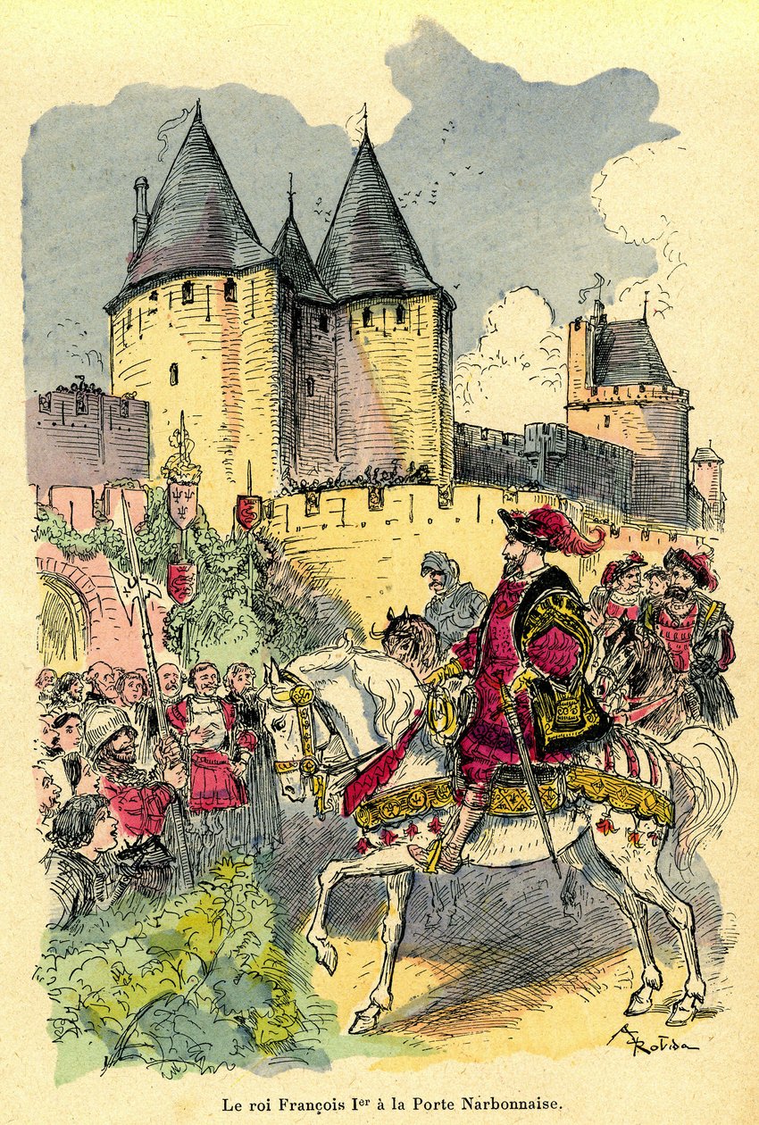 The king of France Francois 1st arriving on horseback in front of the Cite de Carcassonne, Porte Narbonnaise. Illustration by Albert Robida (1848-1926): frontispiece of the book “Le tresor de Carcassonne”” first edition H. Laurens 1921. alkotó: Albert Robida