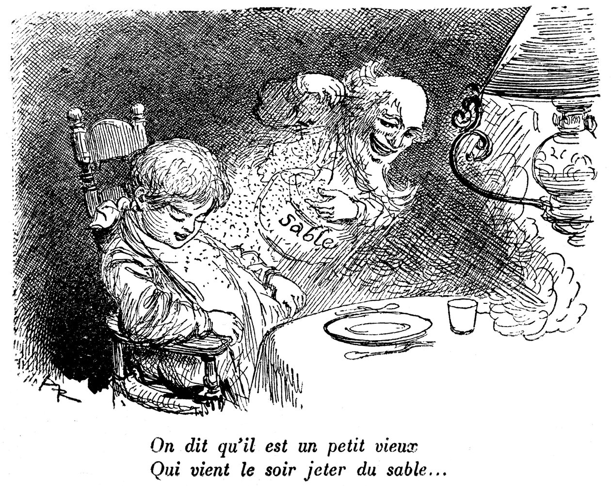 Elment a homokkereskedő! A gyermek evés után alszik. Alvás. „” Azt mondják, egy kis öregember, aki éjszaka homokot dobni jön...” Albert Robida (1848-1926) rajza egy 1920-1930 közötti gyermekolvasókönyvben. alkotó: Albert Robida