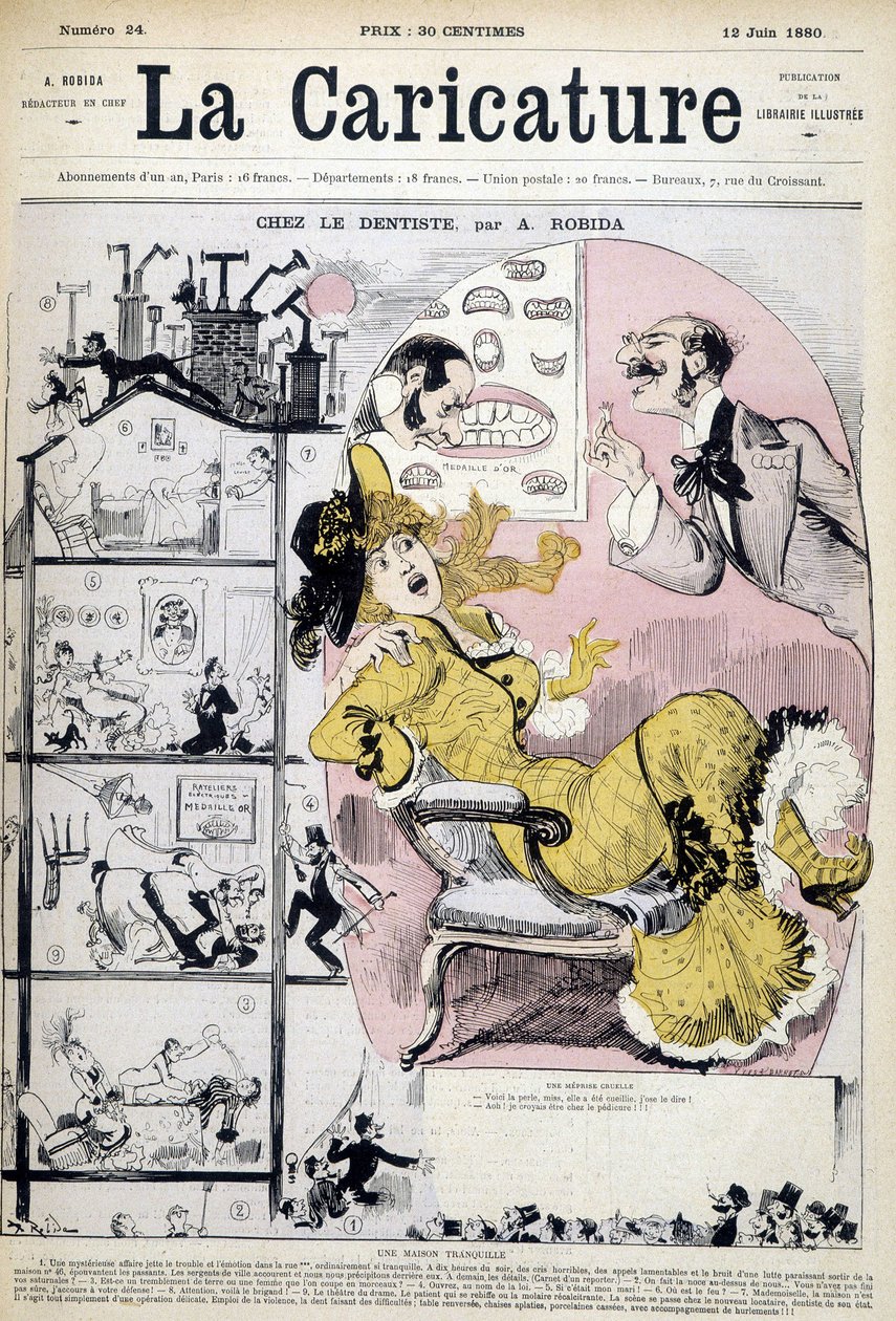 Nő a fogorvosnál - Robida, 1880. 12. 06-i "" La karikatúra""-ban. alkotó: Albert Robida