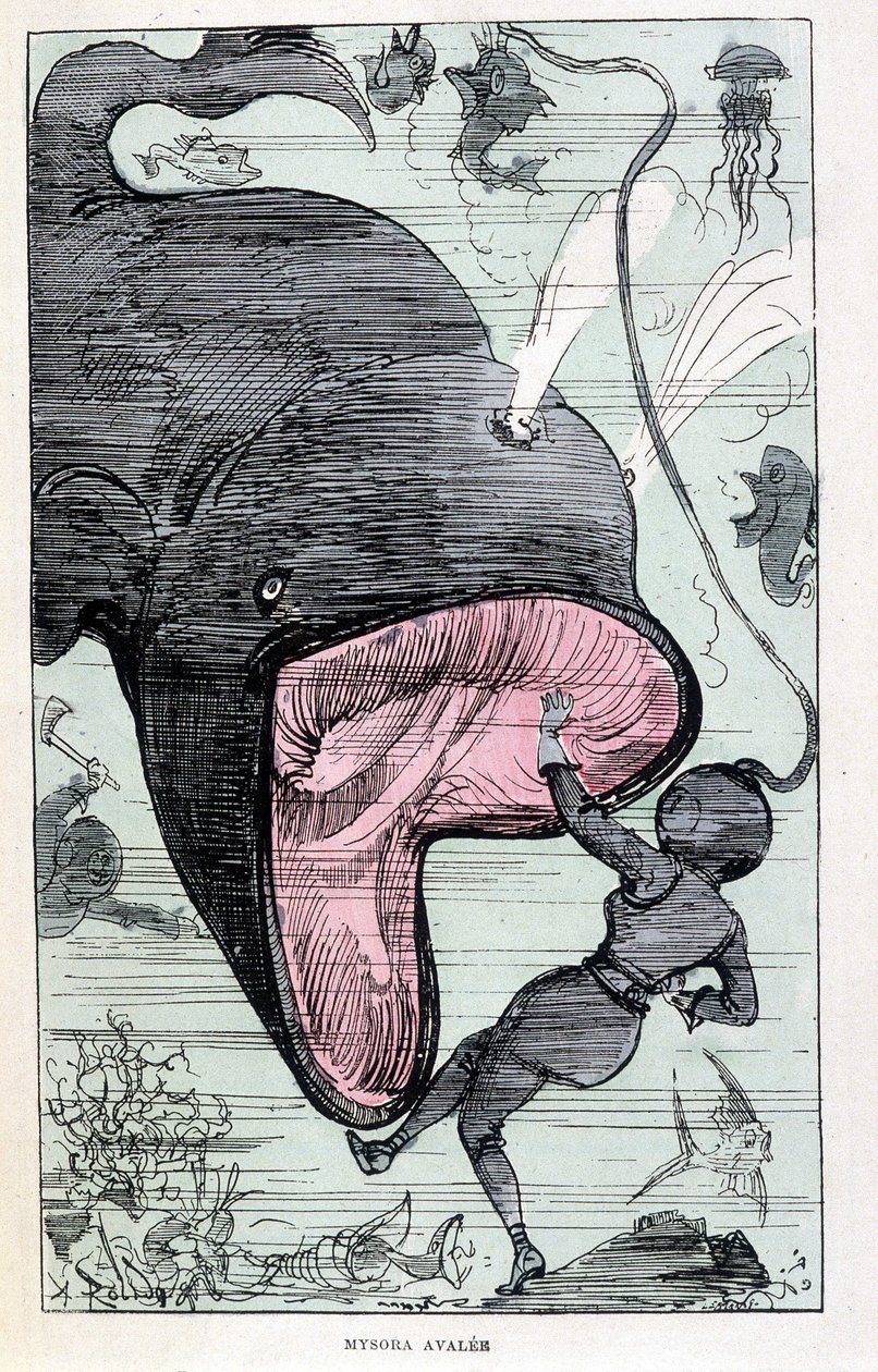 Egy bálna elnyelte nőt egy sápadróban, Jules Verne paródiája, "" Saturnin Farandoul rendkívüli utazásai a világ 5 vagy 6 pontján és az összes M. Jules Verne által ismert vagy ismeretlen országban" Robida, Párizs alkotó: Albert Robida