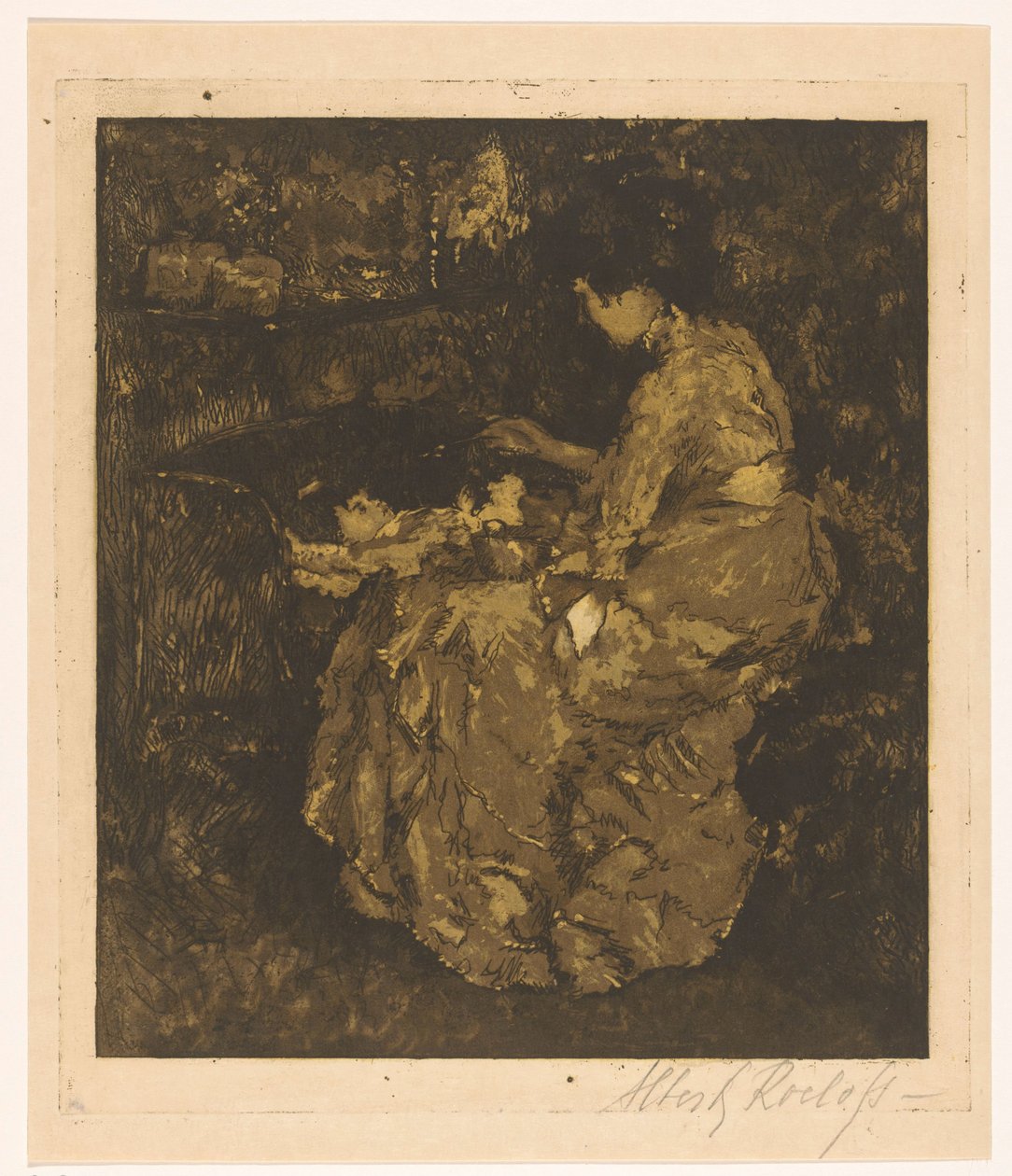 Nő etetés egy gyermek egy kiságy zabkása alkotó: Albert Roelofs (signed by artist)