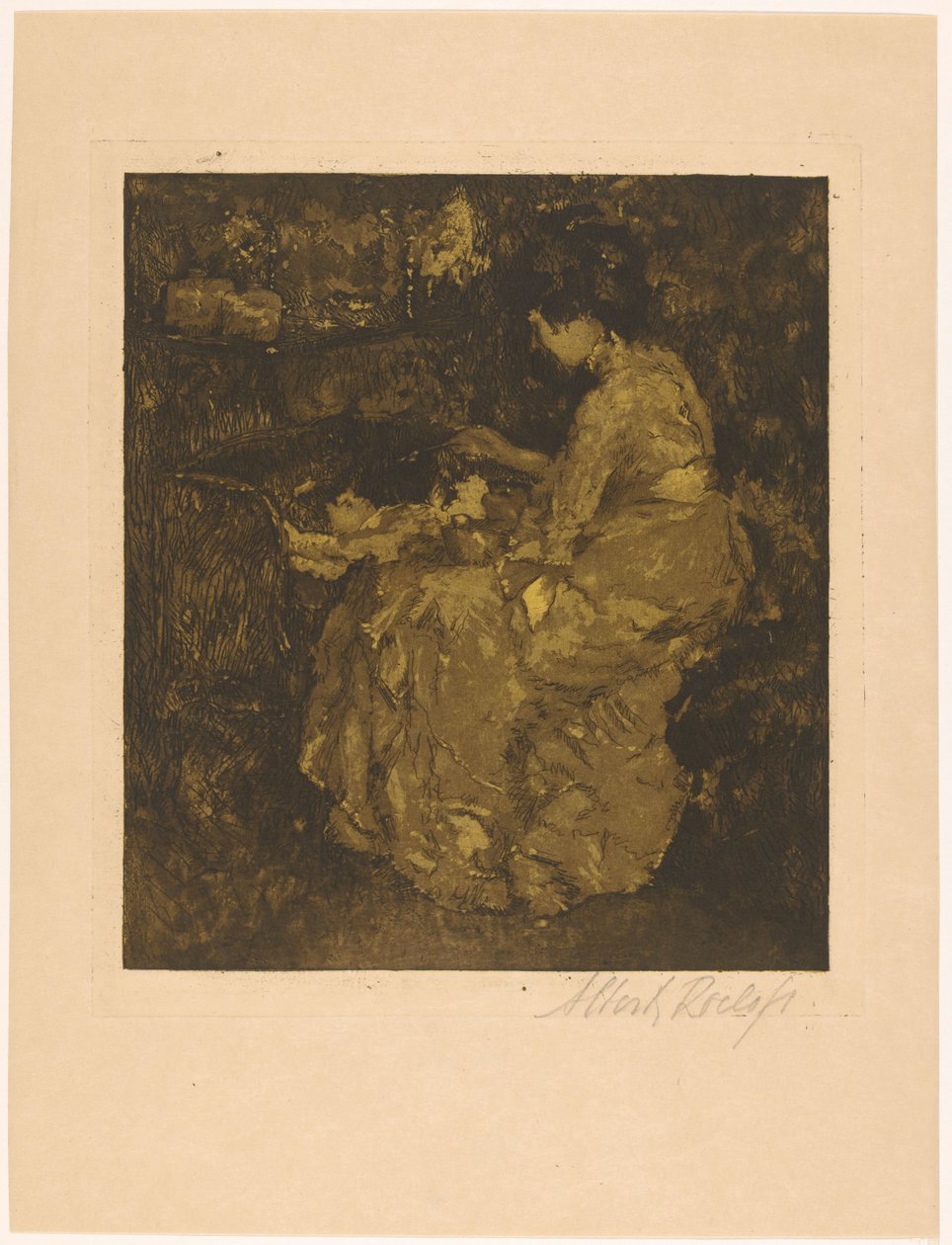 Nő etetés egy gyermek egy kiságy zabkása alkotó: Albert Roelofs (signed by artist)