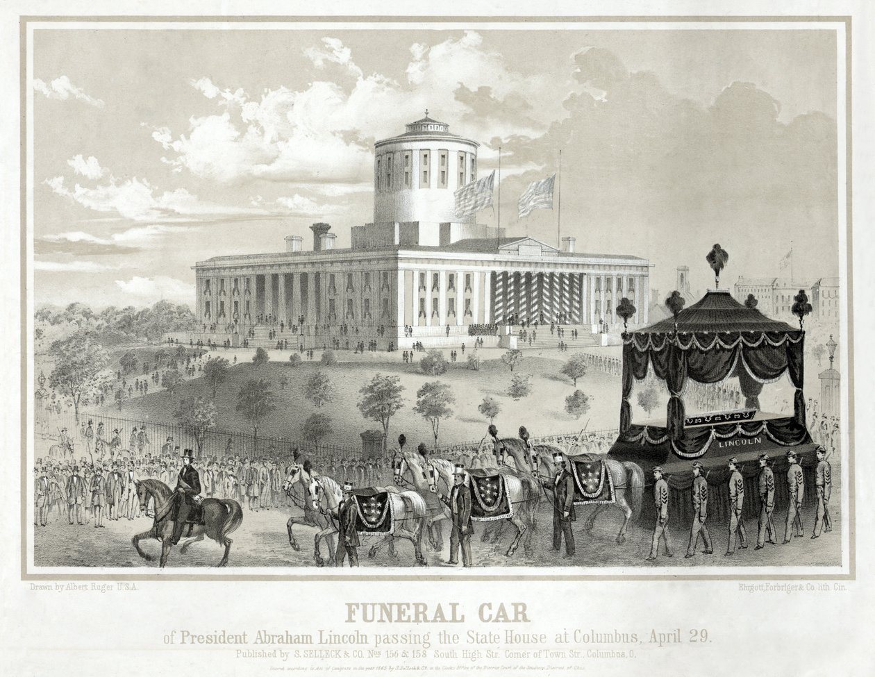 Abraham Lincoln elnök temetési autója elhaladt a Columbus államháza előtt, április 29., kocsma. 1865 (metszet) alkotó: Albert Ruger